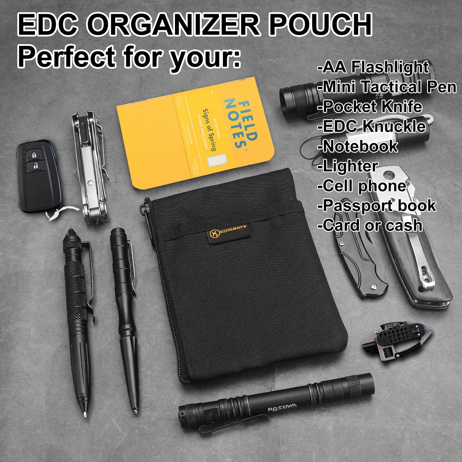 Kosibate Slim EDC Pouch Organizer - Compact Tool Pouch for Knife, Flashlight, Passport, Pen & Cards - Men's Everyday Carry Essential for Travel, Work & Outdoor Adventures
