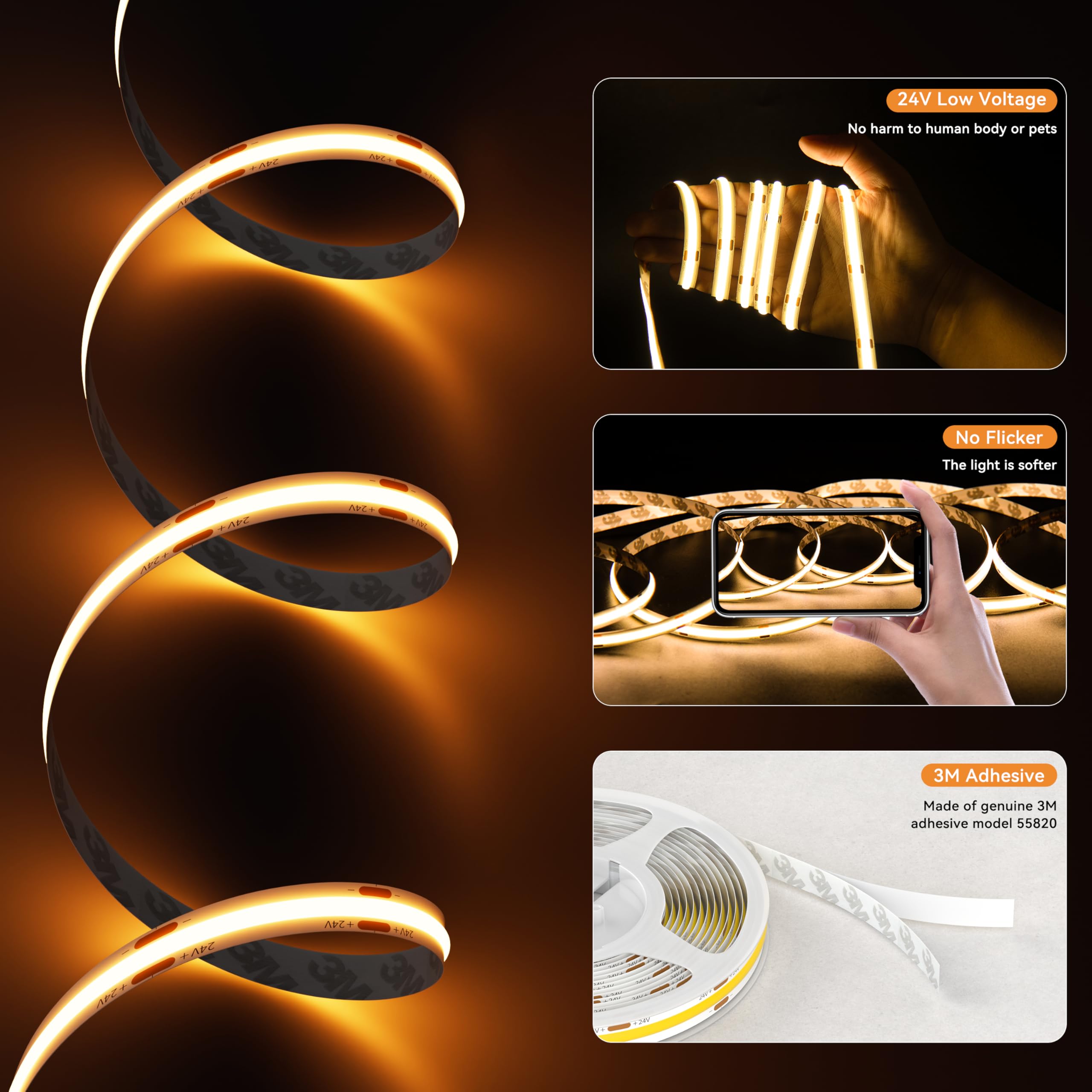 PAUTIX COB LED Strip Light 2000K Warm White, 3087 LEDs DC24V Dimmable LED Tape Light 20ft/6.1m - High Lumen Lighting Kit with RF Remote & Timer, 48W Power Supply - Perfect for Home, Kitchen, Bedroom, Cabinet, and DIY Decorative Lighting