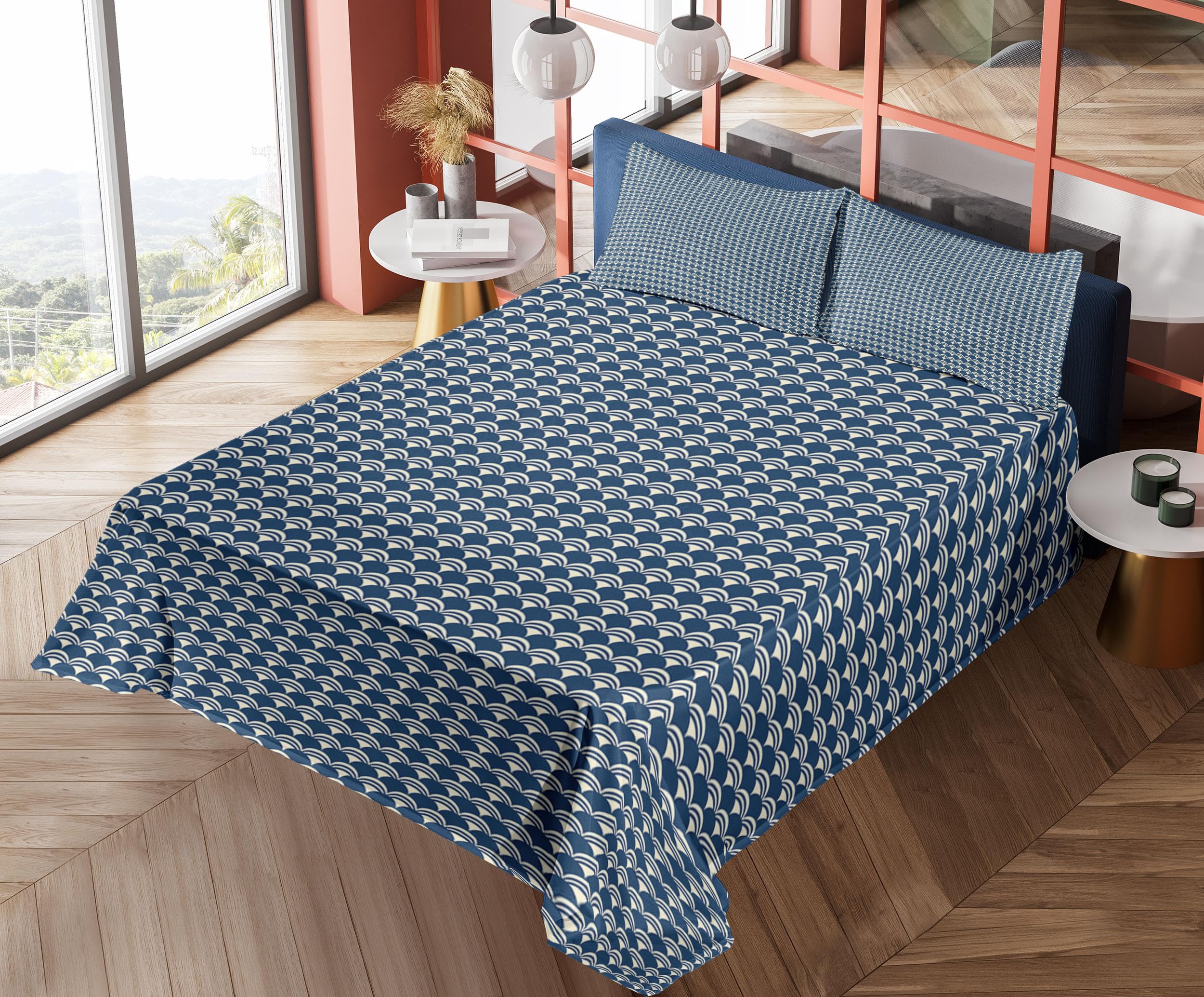 Ambesonne Abstract Japanese Folk Inspired Sheet Set - King Size 4 Piece Bedding Set with Fitted Sheet, Flat Sheet & Pillowcases - Night Blue Eggshell with Dichromatic Semicircle Design - Perfect for Modern Bedrooms, Guest Rooms & Dorm Decor