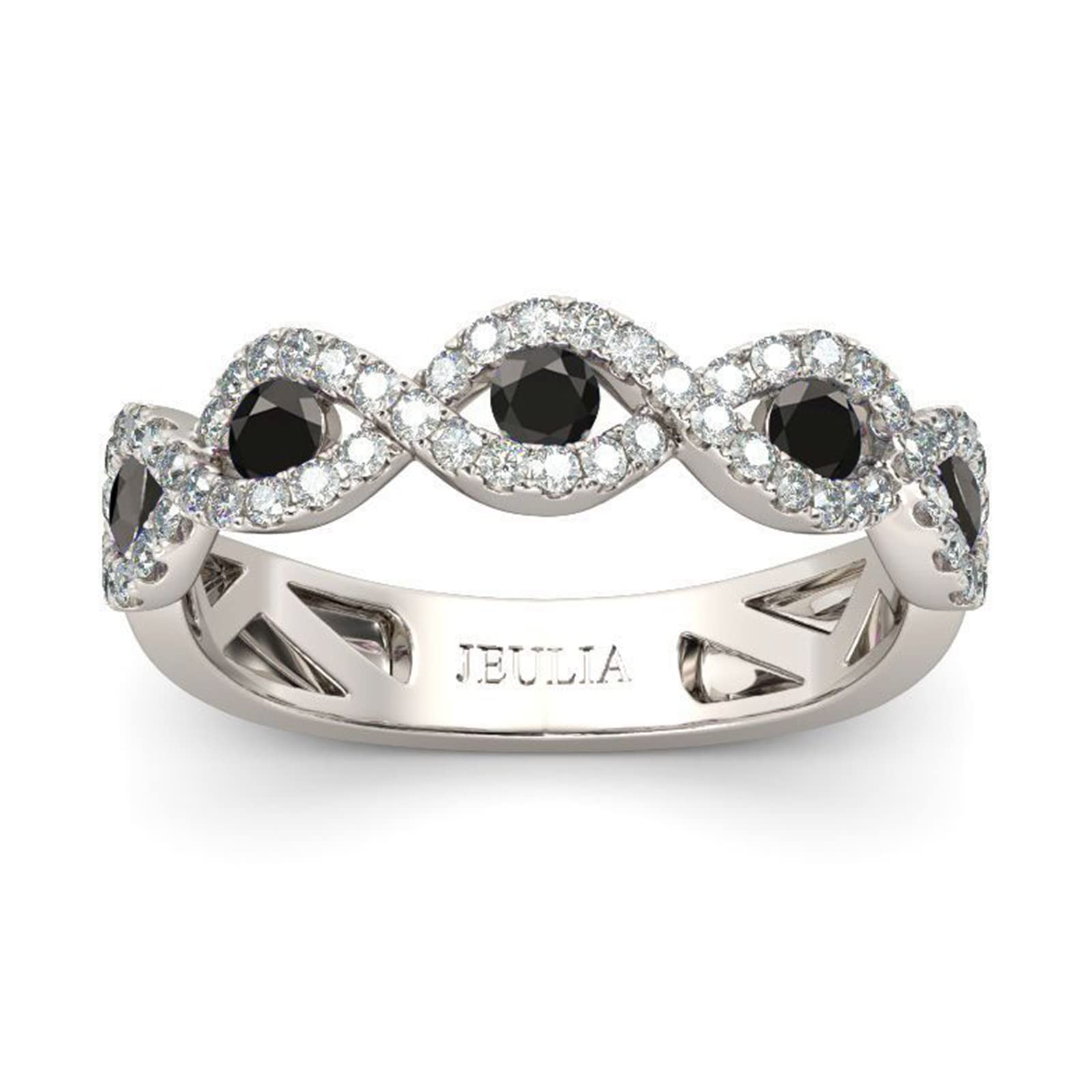 Jeulia Engraved Wedding Stackable Rings - Sterling Silver Band with Sapphire Blue & White Diamond Cubic Zirconia - Half Eternity Engagement, Promise & Anniversary Rings - Gift Box Included - Perfect for Proposals, Vows Renewal & Romantic Gifts