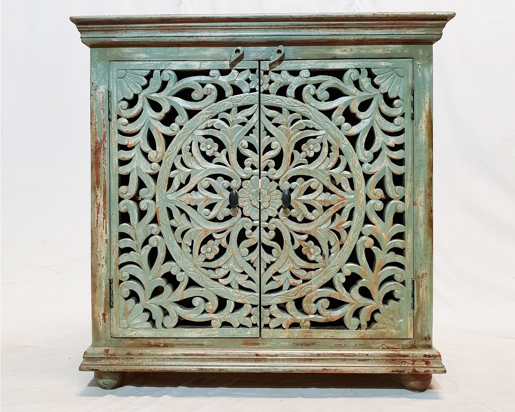 French Hand Carved Rustic Blue Wash Buffet Sideboard - 90x40x90cm Antique Style Dining Room Storage Cabinet for Farmhouse & Vintage Home Decor