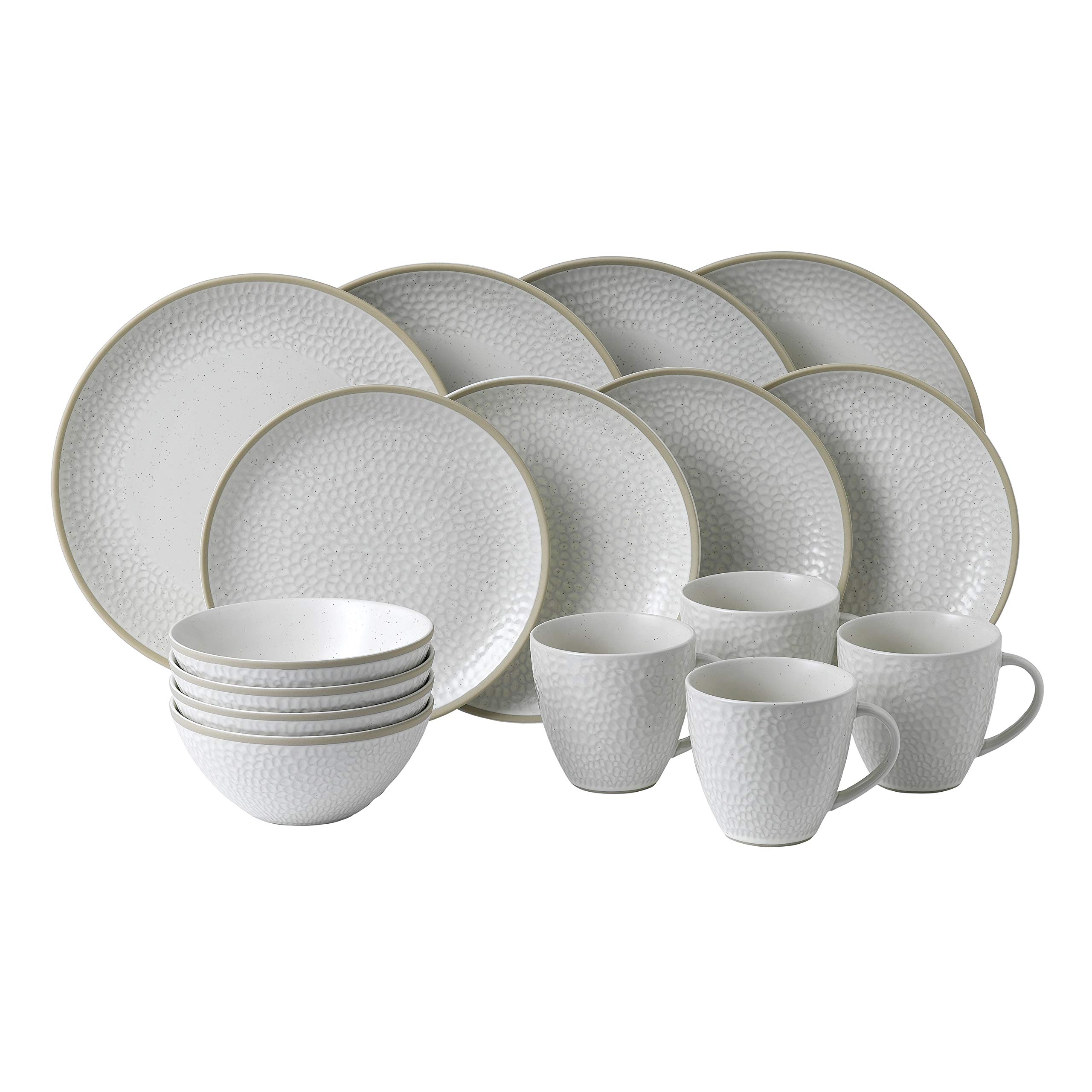 Gordon Ramsay Royal Doulton Maze Grill 16-Piece Dinnerware Set - White & Taupe Hammered Ceramic Plates & Bowls | Elegant Table Setting for Restaurants, Dinner Parties & Home Entertaining