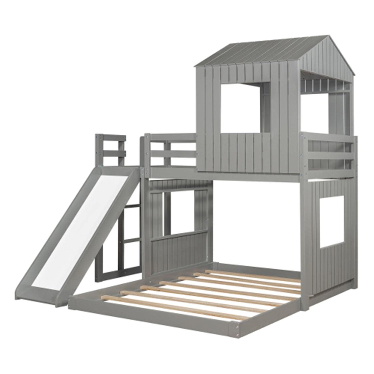 Twin Over Full Bunk Bed with Slide, Ladder & Guardrail - House-Shaped Loft Bed with Roof & Windows for Teens, Boys & Girls (Gray) - Perfect for Kids' Bedrooms, Playrooms & Space-Saving Solutions