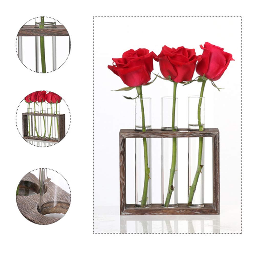 DOITOOL 1PC Hydroponic Glass Tube Vase with Wood Frame - 5 Crystal Glass Test Tube Flower Pots for Home, Office, Wedding & Party Decorations - Perfect for Succulents, Air Plants & Floral Arrangements