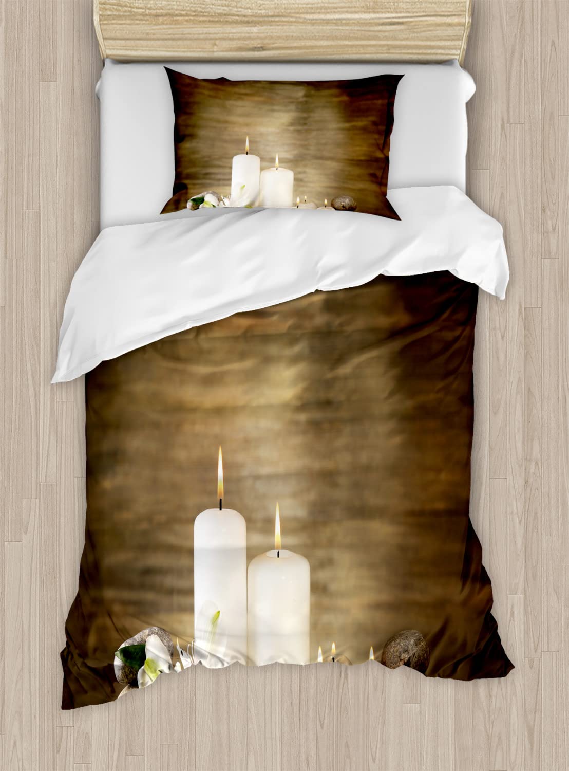 Ambesonne Spa Duvet Cover Set - Queen Size 2-Pack with 2 Duvet Covers & 4 Pillowcases - Brown and White Wooden Background with Stones & Flower Petals Print - 100% Cotton Luxury Bedding for Relaxing Spa Retreats