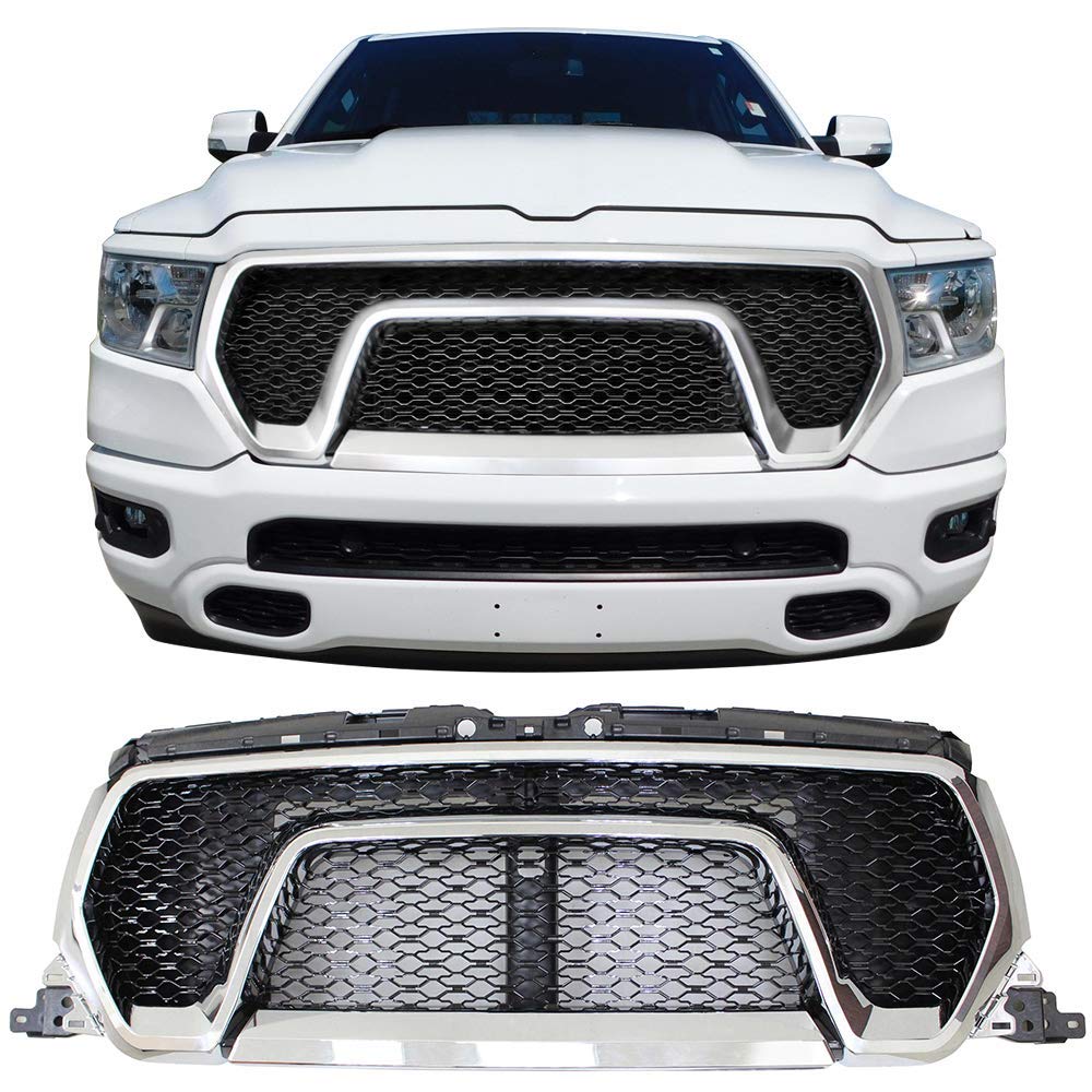 IKON MOTORSPORTS Chrome Rebel Style Front Bumper Hood Upper Grill Compatible With 2019-2023 Dodge Ram 1500 Tradesman Big Horn Laramie - Upgrade Your Truck's Appearance for Off-Road & Daily Driving