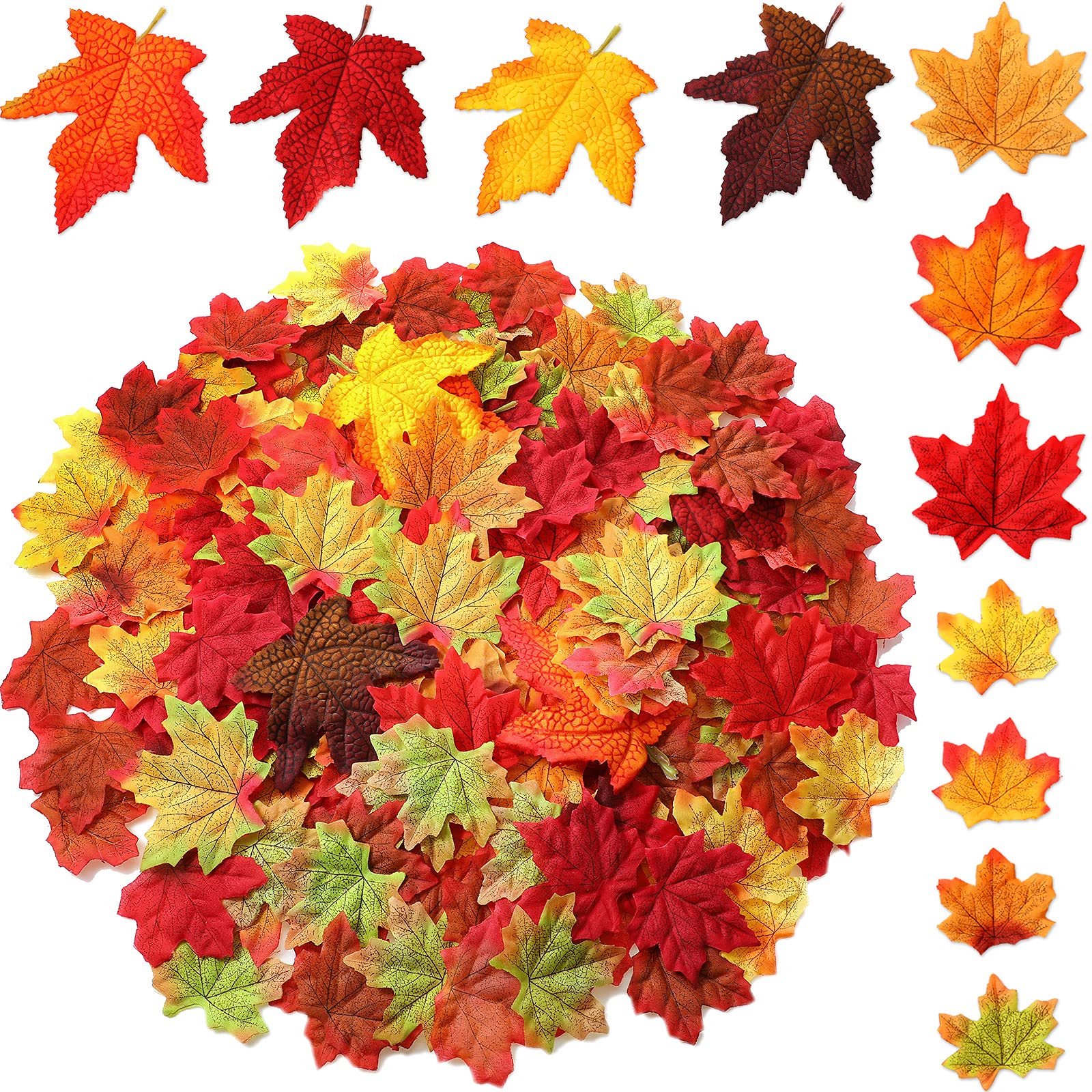 500PCS Artificial Maple Leaves - 3 Sizes Fall Foliage Decor for Thanksgiving, Wedding, Party Table, DIY Scrapbooking - Autumn Colors for Home & Seasonal Decoration