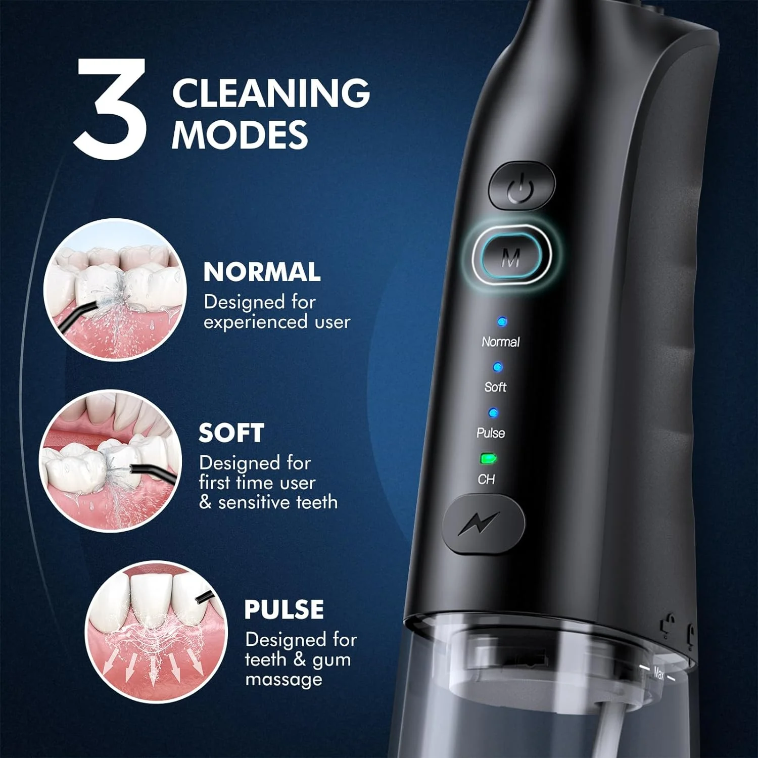 Water Flosser for Teeth - 300ML Cordless Portable Dental Flosser with 3 Modes, IPX7 Waterproof & Rechargeable Oral Irrigator - Includes Splash Proof Jet Tip for Braces Care - Perfect for Home Use and Travel