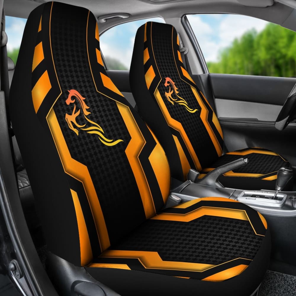Mustang Metallic Style Printed Car Seat Covers - Black & Orange Horse Design | Premium Car Accessories for Ford Mustang | Perfect for Road Trips & Car Enthusiasts