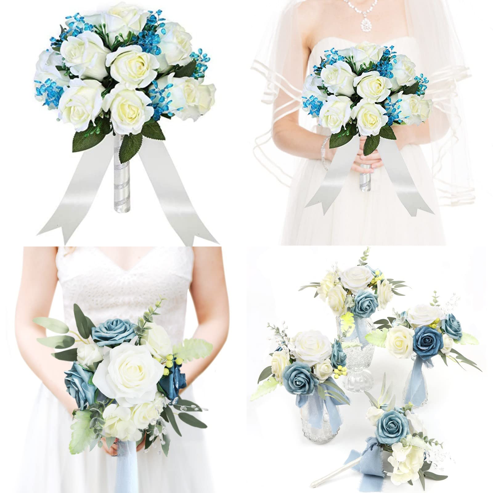 Ivory Rose Wedding Bouquets Set of 5 - 1 Bridal Bouquet with Blue Crystals + 4 Dusty Blue Silk Rose Bridesmaid Bouquets for Wedding Party Decorations