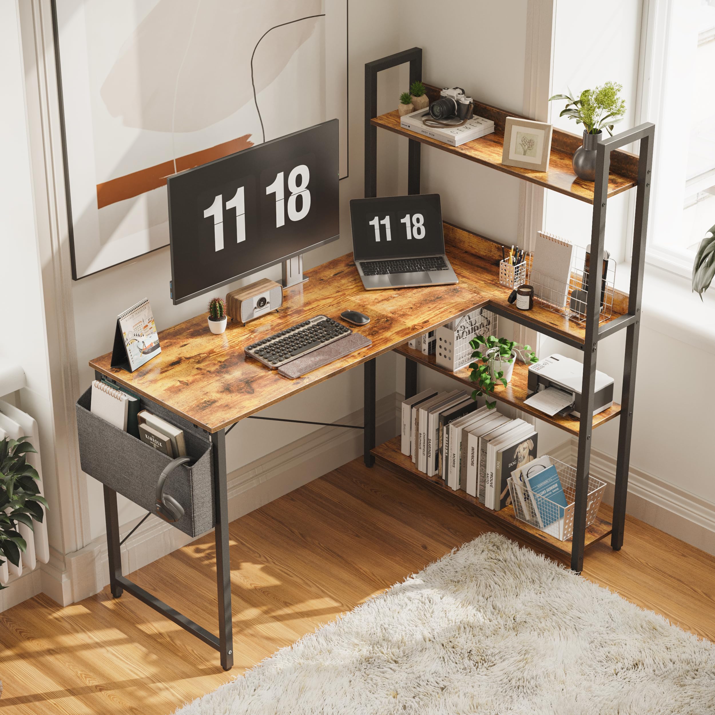 **Treesland 47 Inch L-Shaped Computer Desk with Bookshelf & Storage - Home Office Corner Desk for Study, Writing & Work - Perfect for Bedroom, Office & Small Spaces (Brown)**