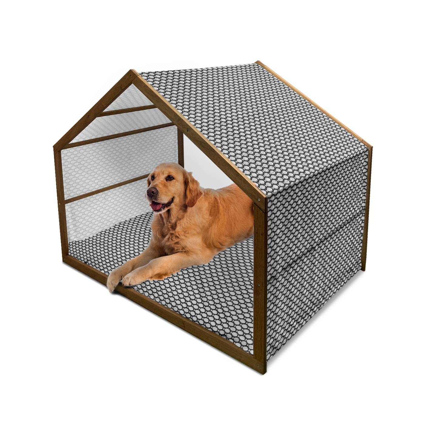 Ambesonne Wooden Dog House with Repeating Fish Pattern - Indoor & Outdoor Portable Pet Kennel with Pillow & Cover - 2X-Large Black & White - Perfect for Backyards, Patios, and Home Decor
