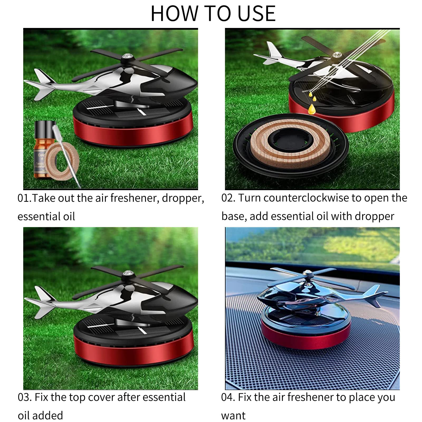 Solar Powered Rotating Helicopter Car Air Freshener - Osmanthus & Vanilla Scent - Fun Novelty Auto Accessory for Car, Office, or Home Decor