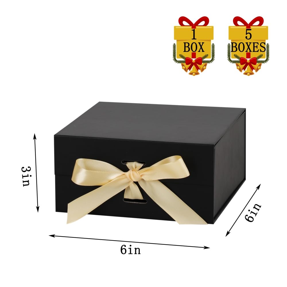 Premium 6x6x3 Inch Black Gift Box with Ribbon - Magnetic Closure Luxury Collapsible Rectangle Box with Lid (1 Pack) - Includes Shredded Paper Filler & Greeting Card - Perfect for Jewelry, Cosmetics, Wedding Favors & Party Gifts