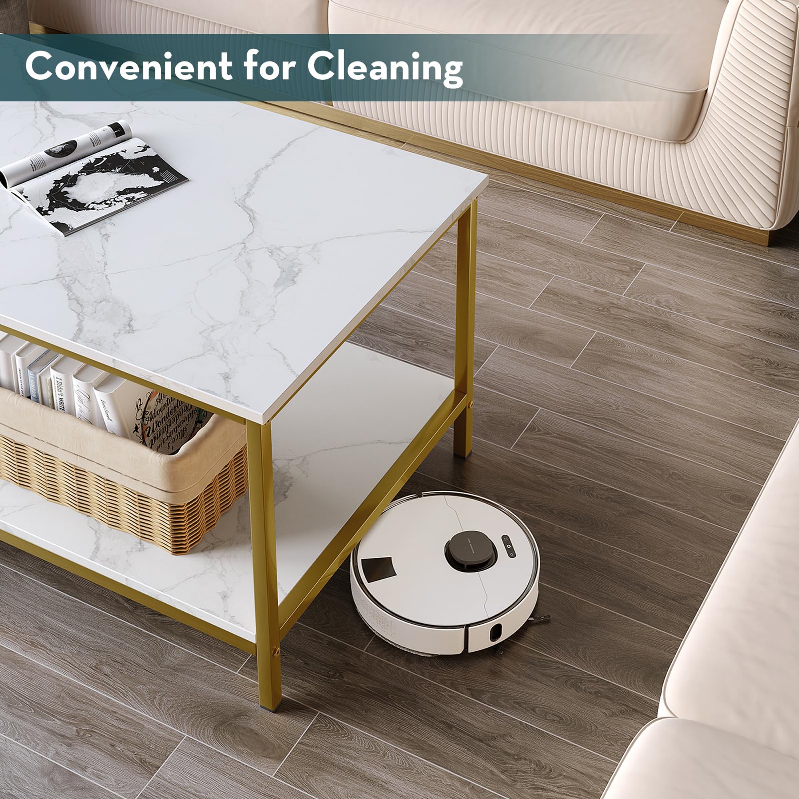 SAYGOER Modern 2-Tier Coffee Table - Industrial Rectangle Wood End Table in White Gold for Living Room, Home Office & Small Spaces | Perfect for Lounge, Apartment Decor & Coffee Serving