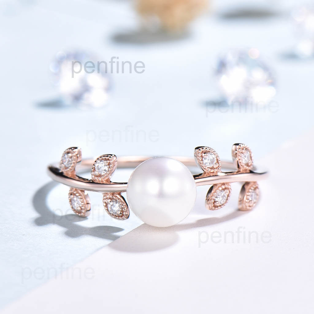 Dainty Leaf Pearl Engagement Ring - 14K Gold Moissanite Wedding Band for Women - Perfect for Bridal, Anniversary & Everyday Elegance