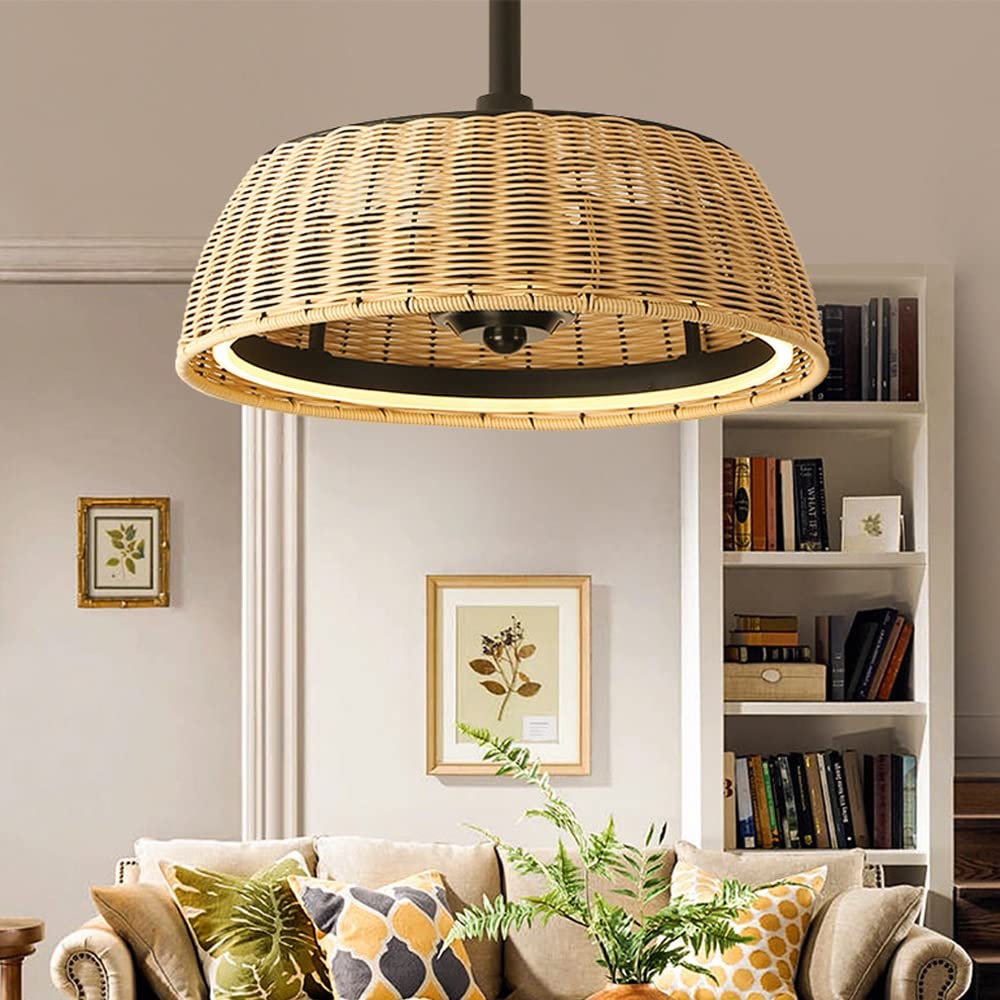 Vintage Rattan Ceiling Fan with Remote Control - E27 Retro Ceiling Light with Quiet Motor for Living Room, Bedroom, Dining Room | Energy Efficient Hanging Pendant Fan & Chandelier for Home Cooling and Decoration
