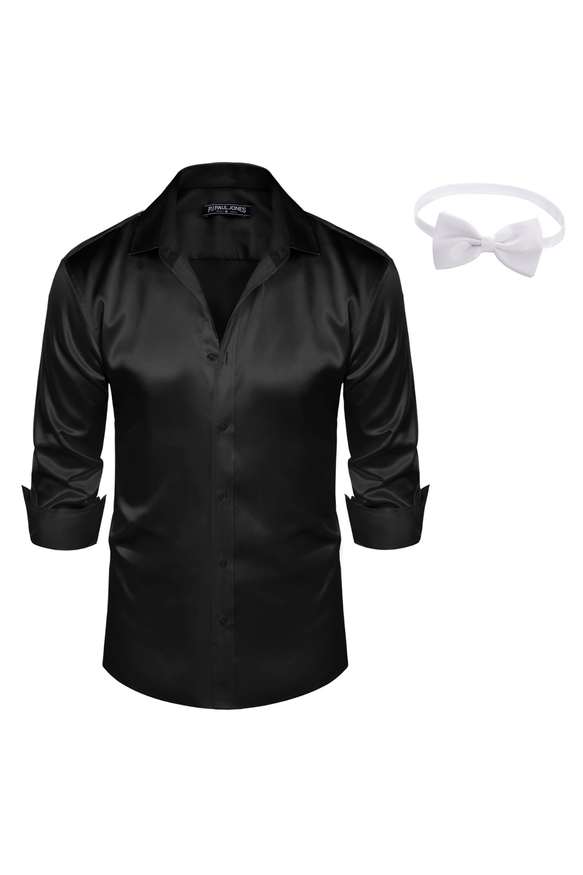 Men's Shiny Satin Dress Shirts - Long Sleeve Button Down Silk Cardigan Shirt with Bow Tie | Formal Wear for Weddings, Parties & Business Meetings