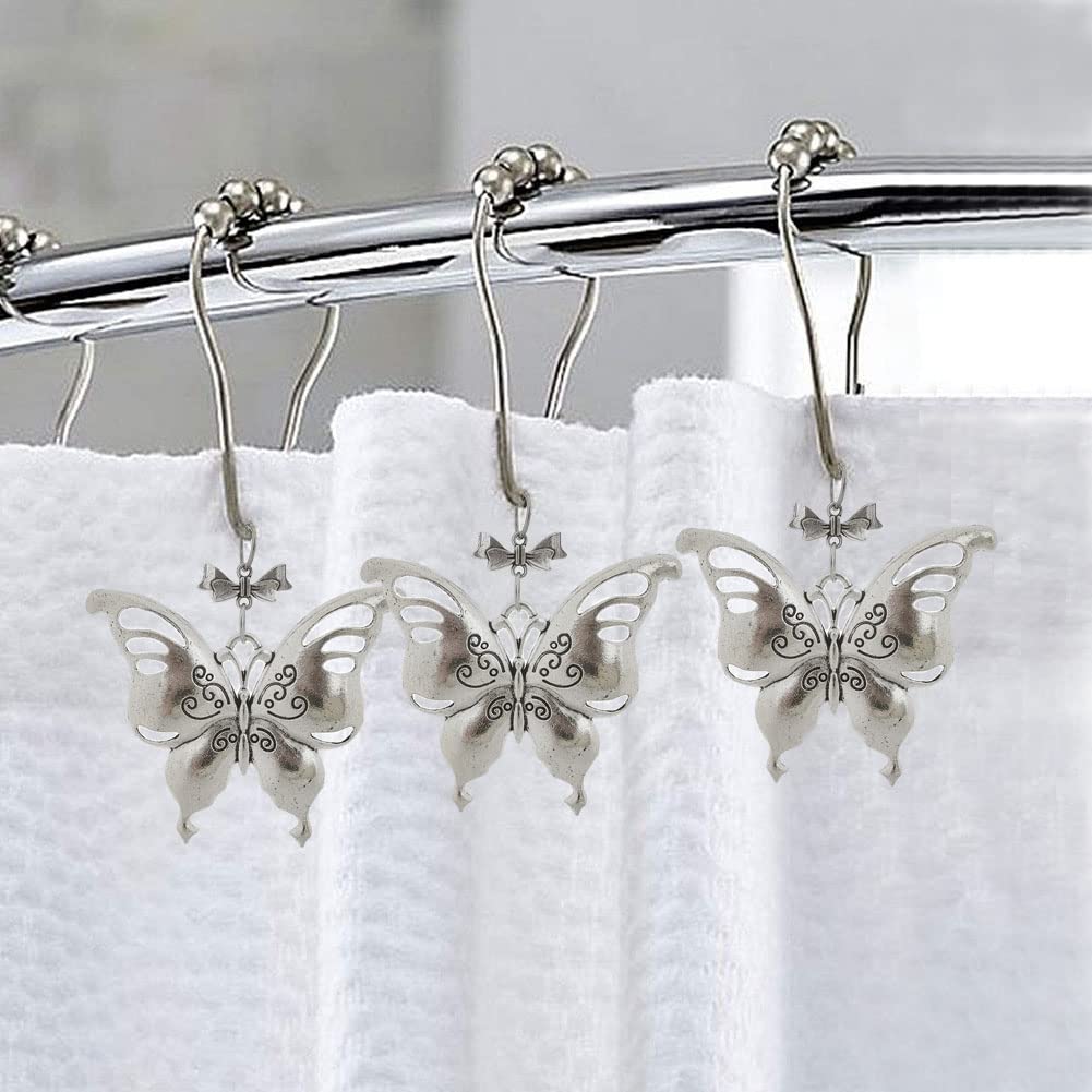 **Stainless Steel Butterfly Shower Curtain Hooks - Rust-Proof Silver Shower Rod Hangers with Floral Design, Set of 12 - Elegant Bathroom Accessories for Home & Hotel Decor**    *(Ideal for adding a touch of nature-inspired charm to bathrooms, guest rooms, or spa-style retreats!)*