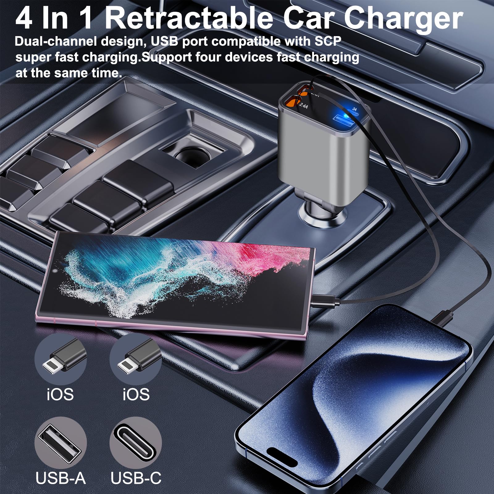 Paiholy 4-in-1 Retractable Car Charger with Dual iOS Cables & 2 USB Ports - Super Fast Mini Car Charger for iPhone 15/14/13 Pro Max/Samsung/Pixel - Perfect for Road Trips & Daily Commuting