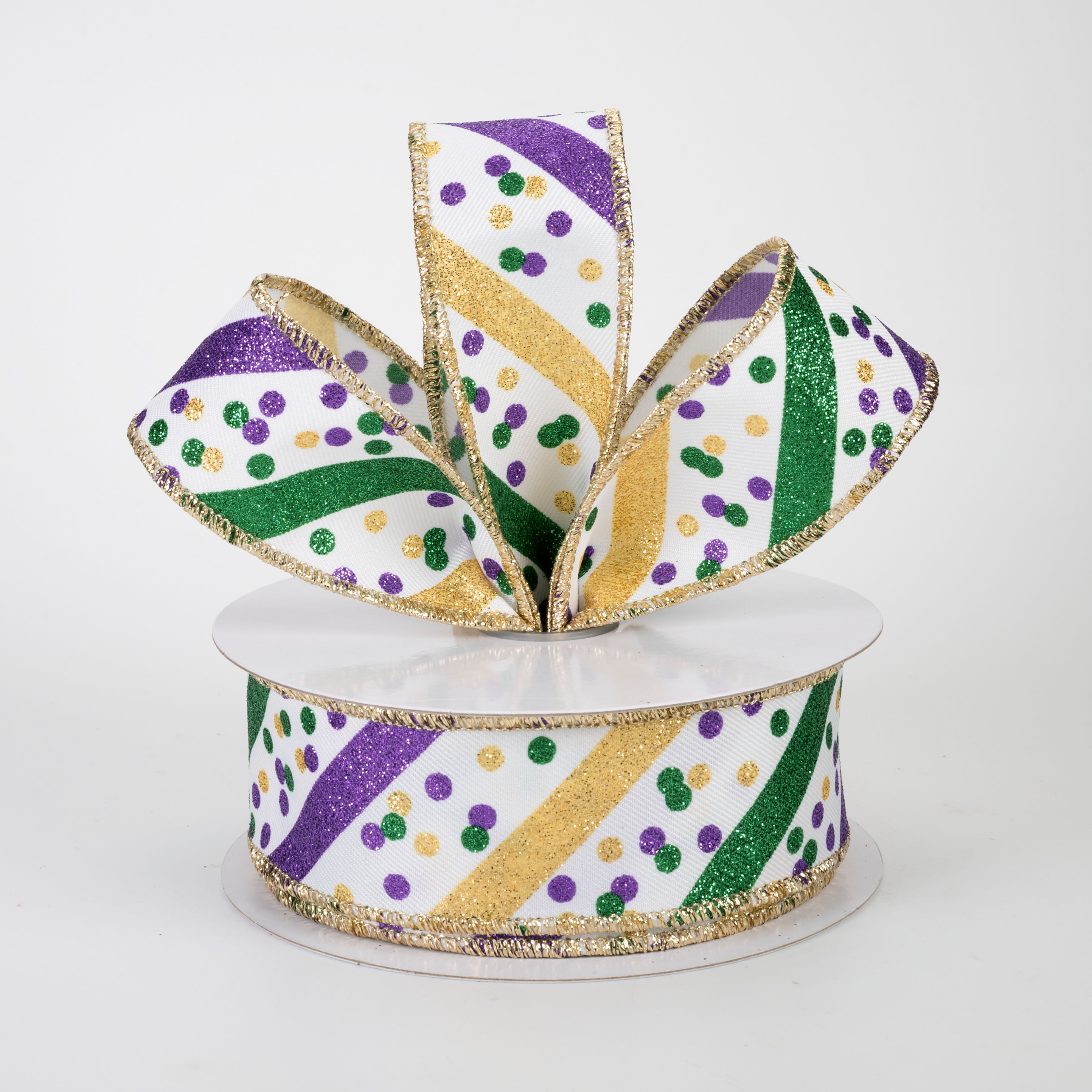 1.5 Inch Diagonal Glitter Stripes & Confetti Dots Ribbon - Mardi Gras Party Decorations (10 Yards) for Gift Wrapping, Scrapbooking, and DIY Crafts