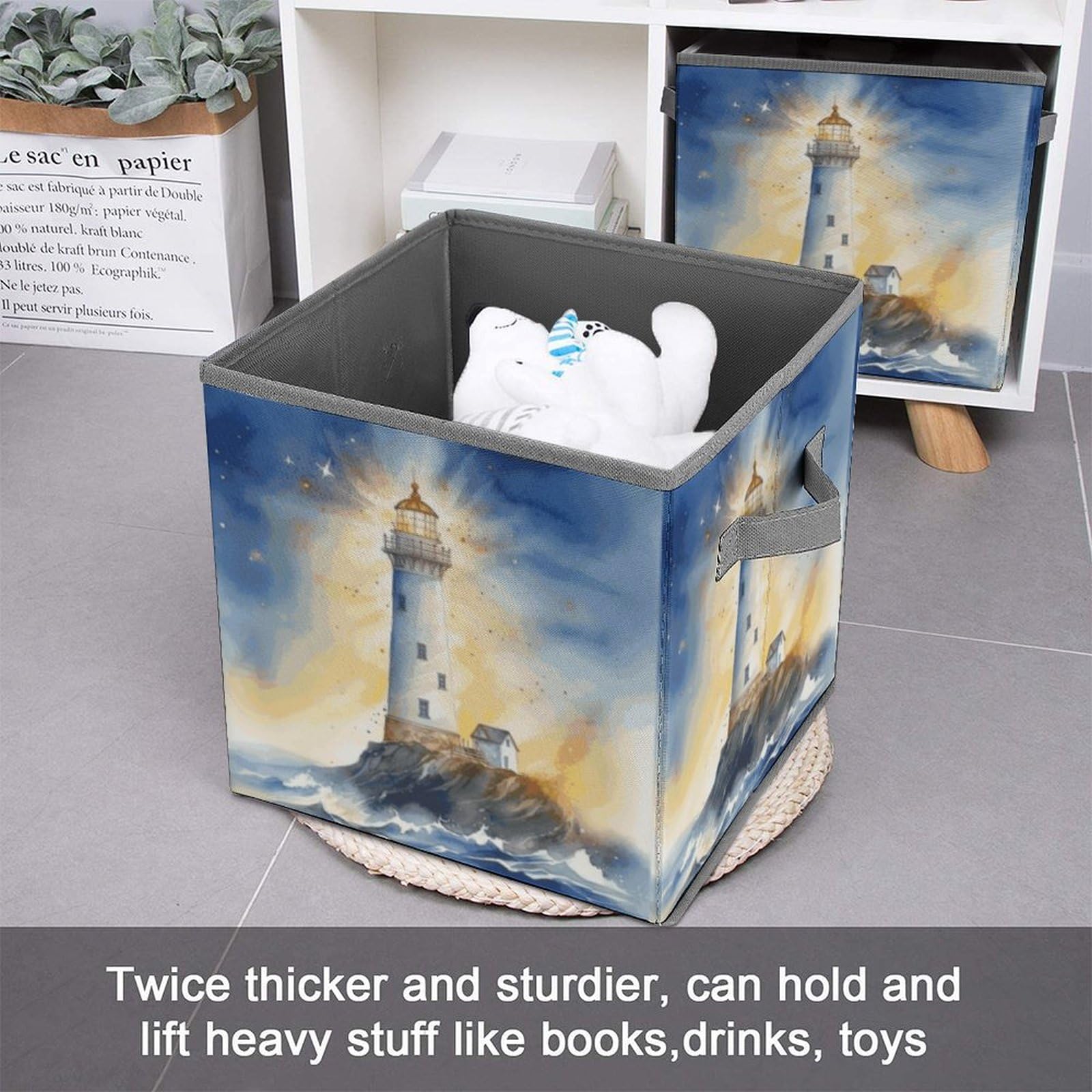Collapsible Storage Bins with Handles - Printed Lighthouse Design for Home Organization