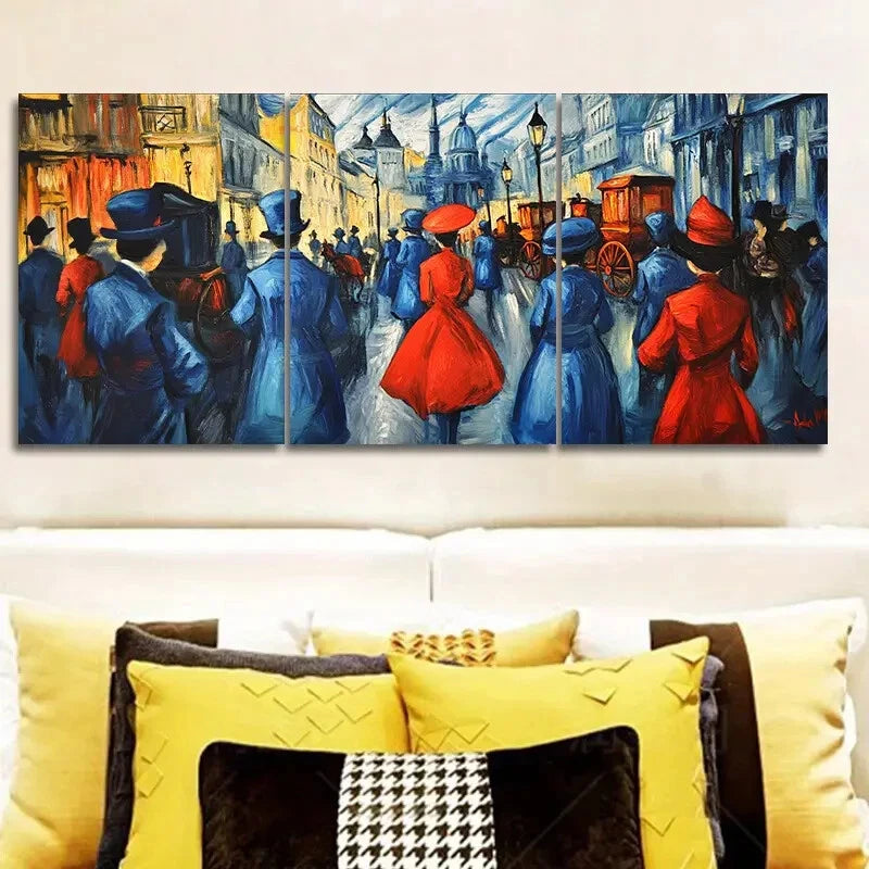 3-Piece Vibrant Market Scene Metal Wall Art - Red & Blue People Painting - Ready to Hang Canvas Print for Living Room, Bedroom & Office Decor