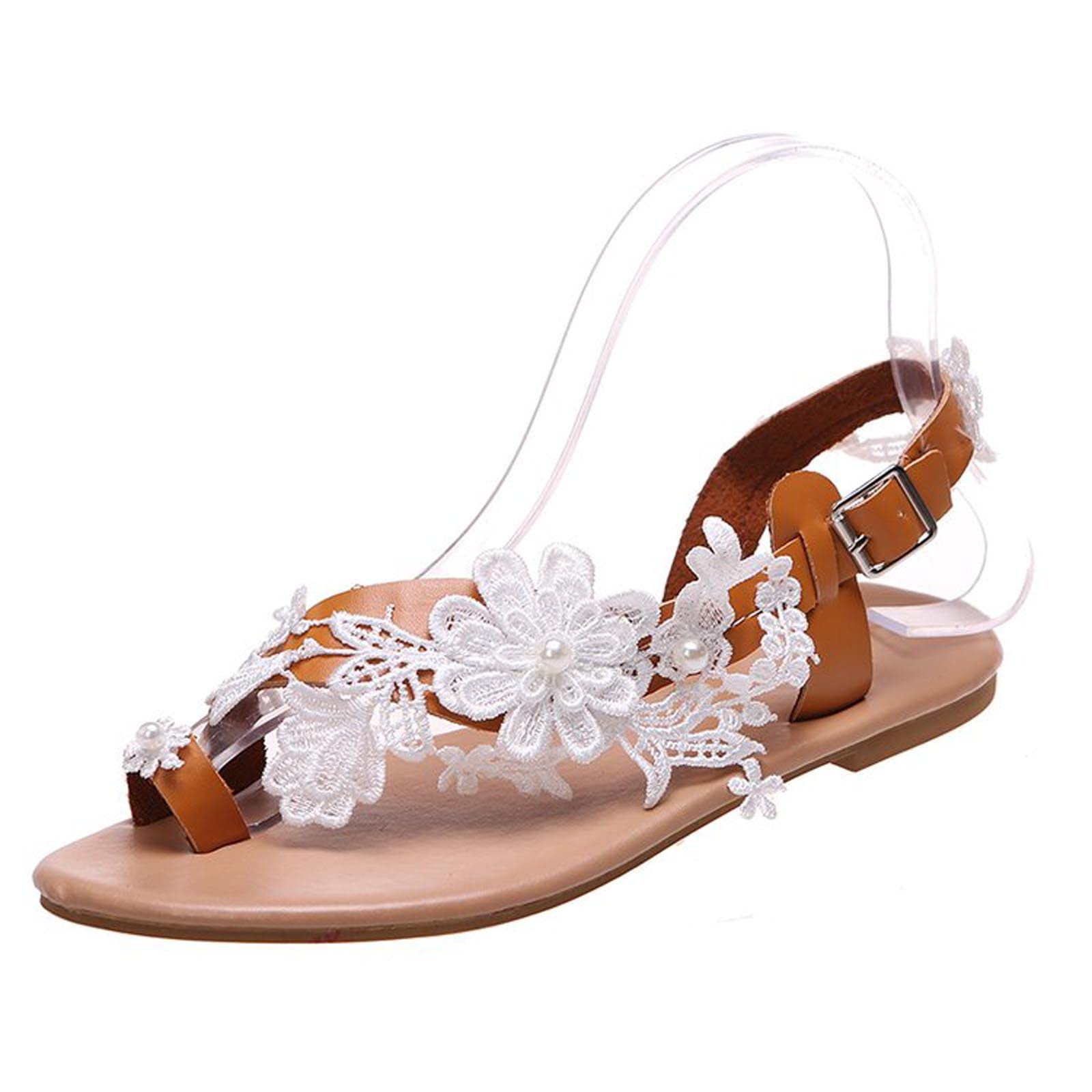 Drindf Women's White Boho Lace Flat Sandals - Comfortable Summer Beach Wedding Shoes for Outdoor Vacations, Bridal Showers & Casual Wear