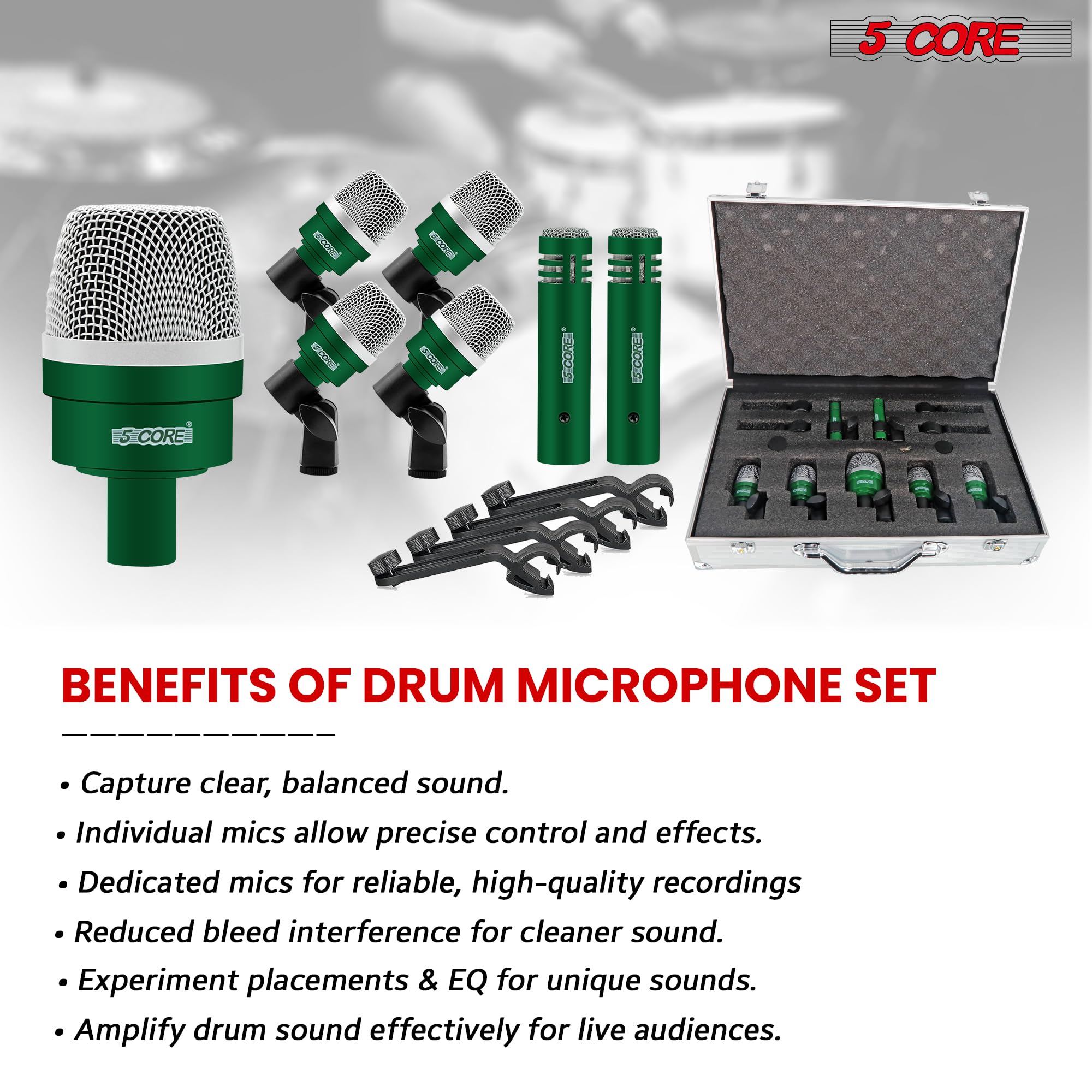 5 CORE Professional 7-Piece Drum Microphone Kit - Metal XLR Dynamic Vocal Mic for Kick, Bass, Tom, Snare & Cymbals - Perfect for Live Performances, Studio Recording & Conga Instrument Setup (DM 7ACC, Green)
