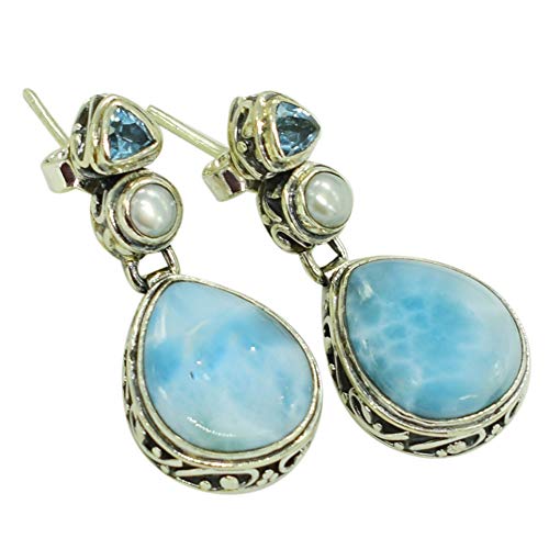 Larimar & Blue Topaz Pearl Teardrop Earrings - Sterling Silver Filigree Irish Celtic Drop Earrings for Women | Elegant Jewelry Gift for Weddings, Parties & Special Occasions