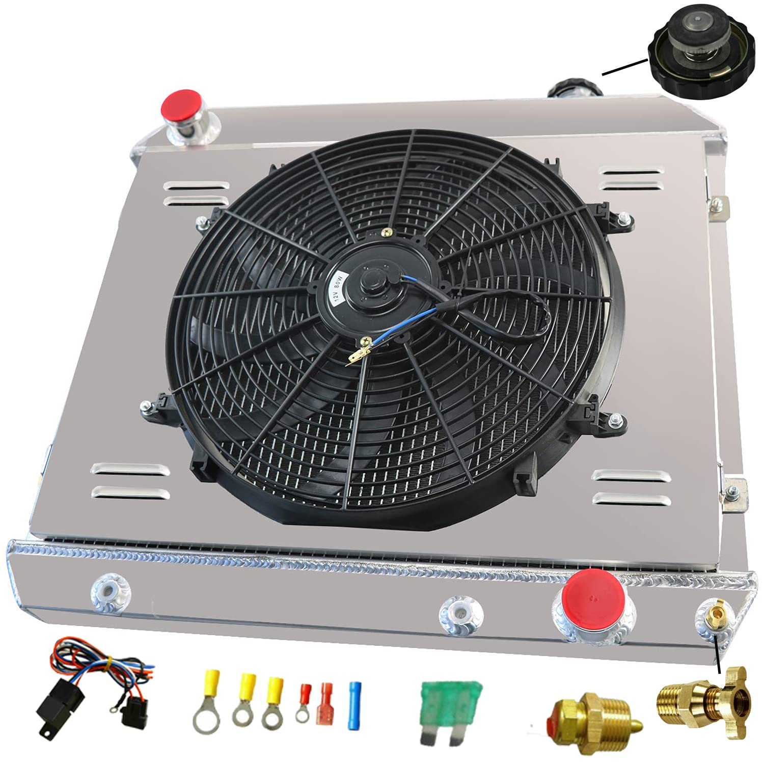 4 Row Aluminum Radiator Shroud with Cooling Fans & Relay Kit - Compatible with 1963-1966 Chevy C10 C20 C30 K10 K20 Pickup/Suburban & 1961-1966 Pontiac Catalina/Bonneville/Grand Prix/Star Chief - Heavy Duty Cooling Upgrade for Hot Rods, Classic Trucks & Restoration Projects