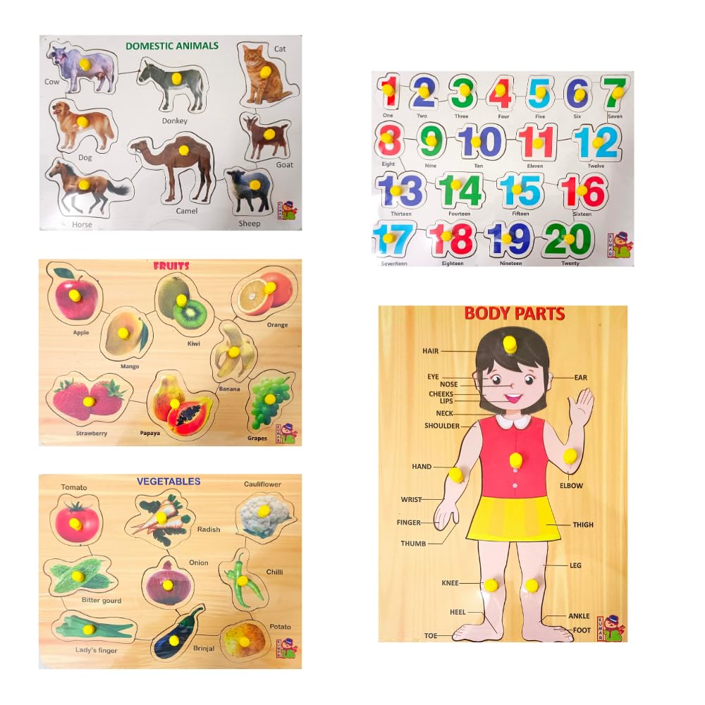 Combo of 5 Wooden Learning Boards for Kids & Adults - Educational Wooden Puzzles for Toddlers 3+ (Domestic Animals, Fruits, Vegetables, Numbers 1-20, Body Parts) - Perfect for Homeschooling, Preschool Learning, and Family Bonding Activities