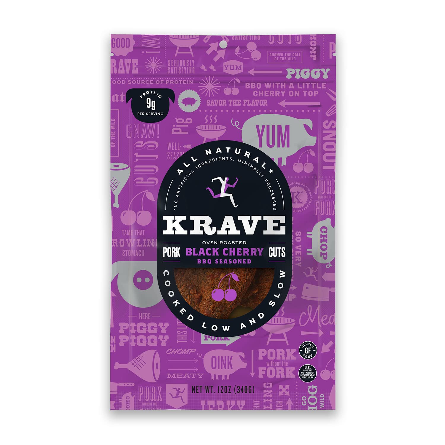 KRAVE Natural Pork Jerky, Black Cherry BBQ - Protein Snack for Hiking & Travel - 12oz