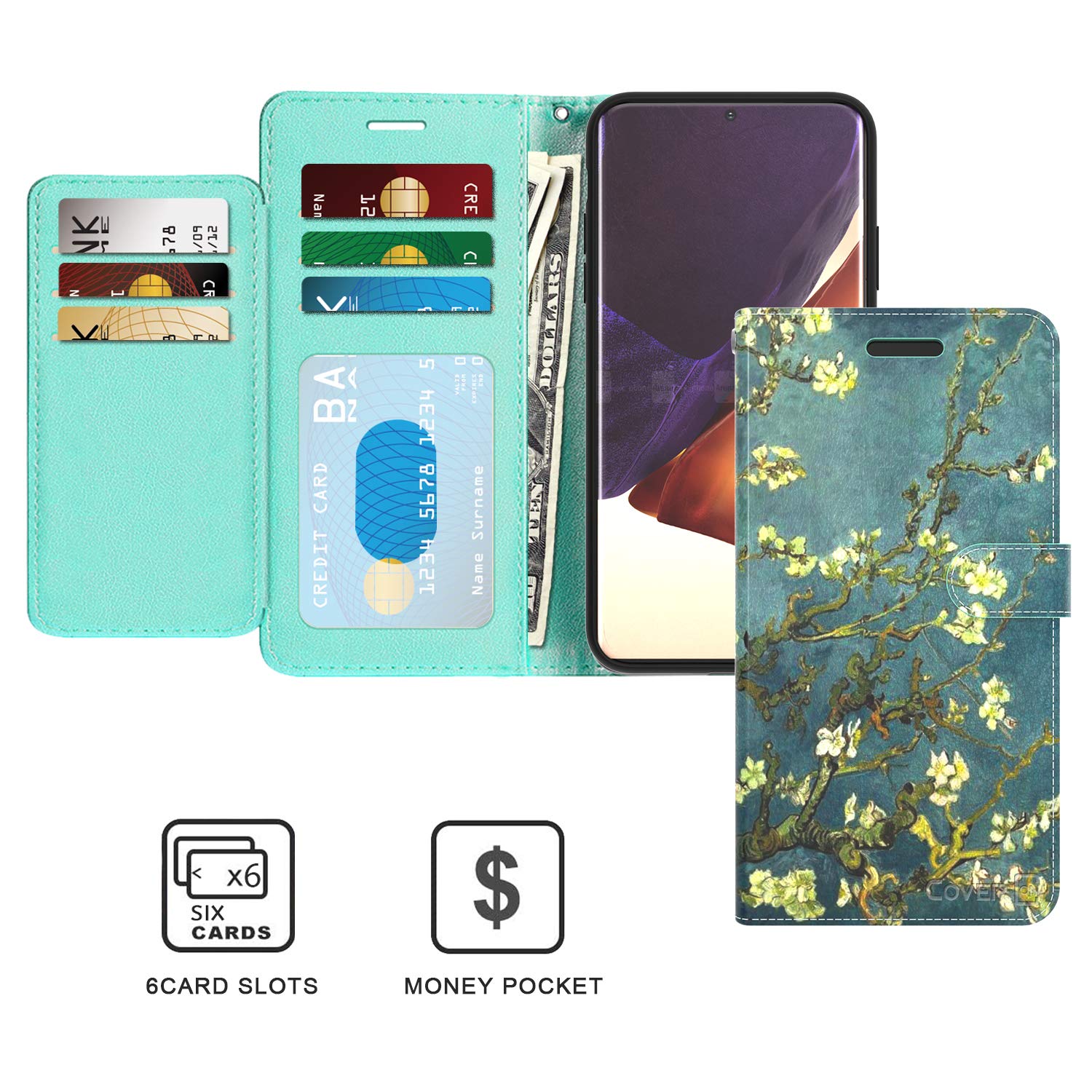Premium RFID Blocking PU Leather Flip Folio Wallet Case for Samsung Galaxy Note 20 Ultra - Almond Blossom Design | Stand Feature & Card Slots | Perfect for Travel, Business & Daily Protection