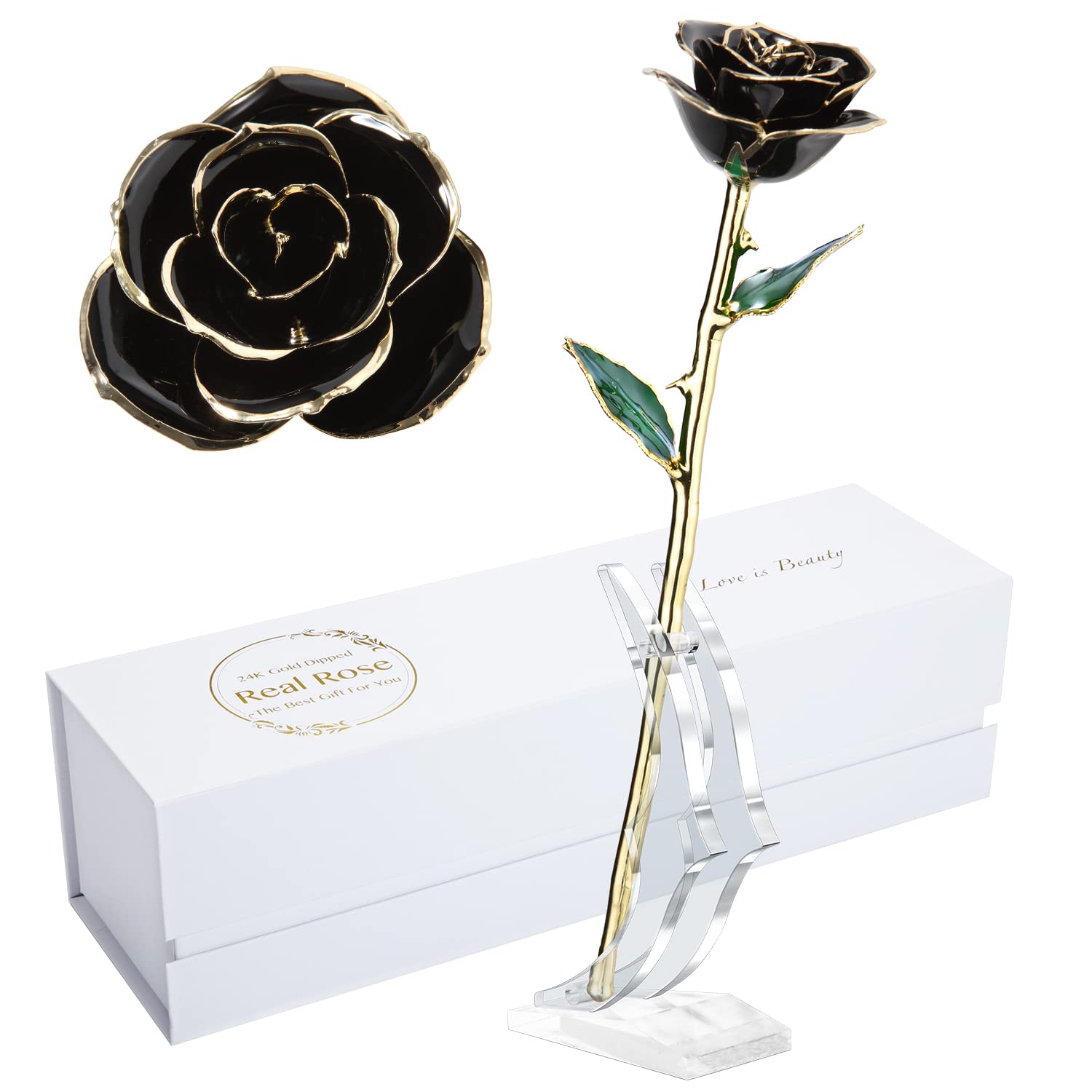 24K Gold Plated Real Rose in Black with Stand - Eternal Preserved Flower Gift for Her, Anniversary, Valentine's Day, Wedding & Home Decor