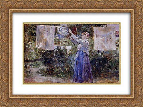 Berthe Morisot Woman Hanging Out the Wash - 24x18 Gold Ornate Framed Art Print with Double Mat - Vintage French Impressionist Wall Decor for Living Room, Bedroom & Office