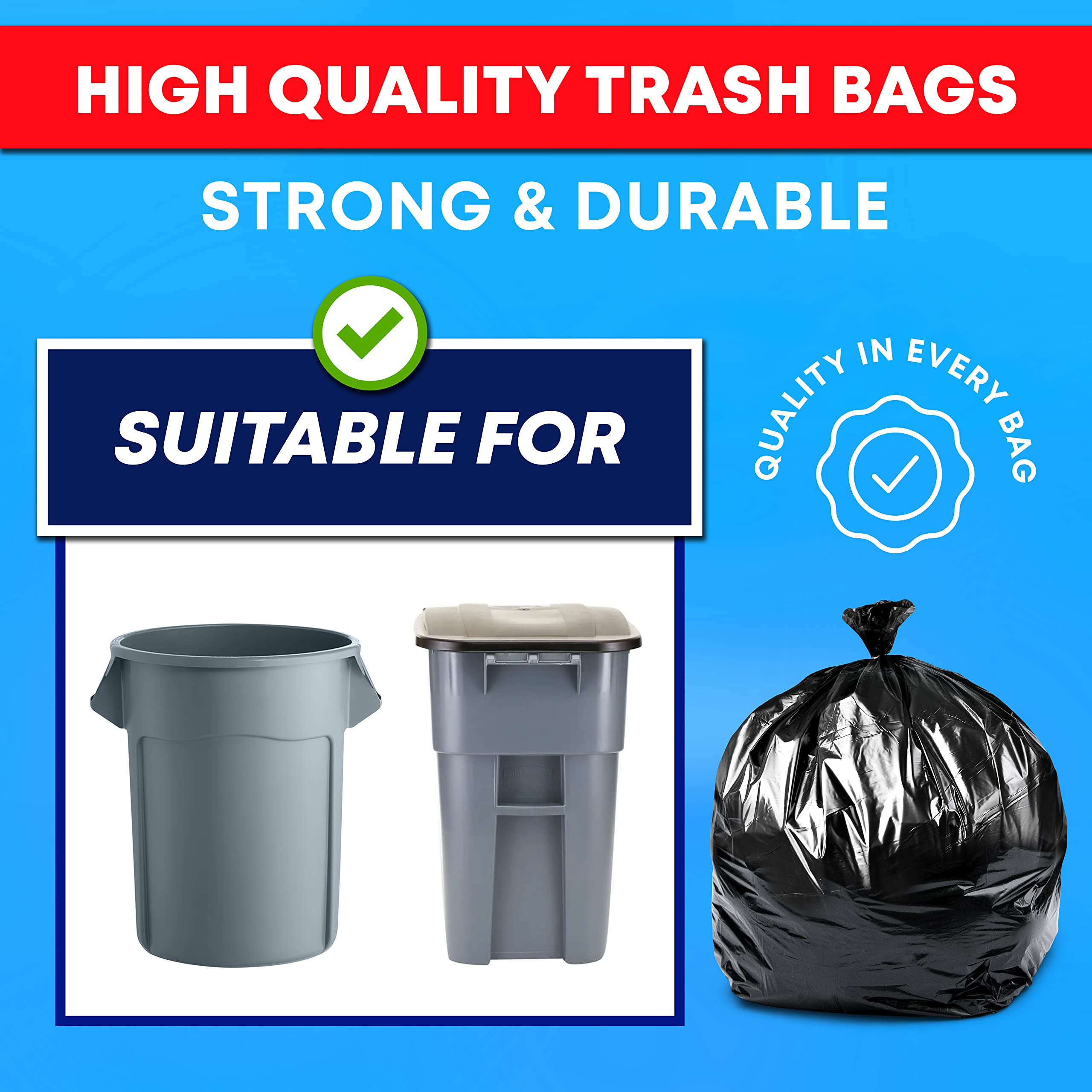 Heavy Duty 55-60 Gallon Trash Bags with Ties - 100 Count Value Pack | Large Black Outdoor Garbage Bags | Extra Thick 50-60 Gal Trash Can Liners for Yard Waste, Construction Debris & Commercial Use