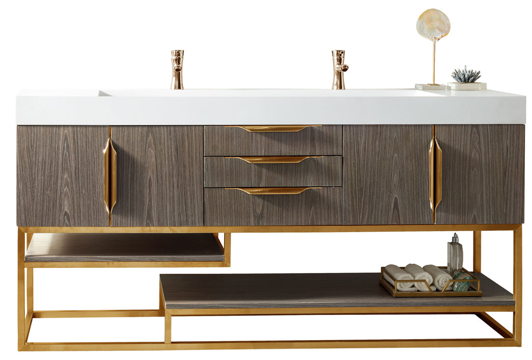Columbia 72 Inch Double Bathroom Vanity in Ash Gray with Radiant Gold Accents & Glossy White Composite Top - Perfect for Master Bathroom & Luxury Home Renovation