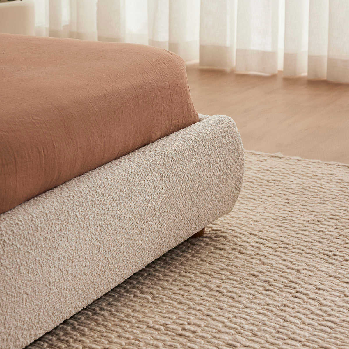 Cloud Boucle Queen Bed Frame - Solid Oak Wood with Cream Fabric Upholstery - Modern Bedroom Furniture for Cozy and Stylish Home Decor