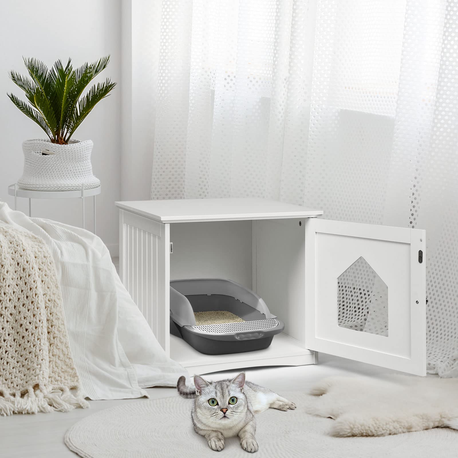 PETSITE Cat Litter Box Enclosure Furniture - Hidden Litter Box Cabinet with Washroom Design, White Decorative Cat House & Nightstand for Indoor Pets | Perfect for Small Spaces, Apartments & Home Decor