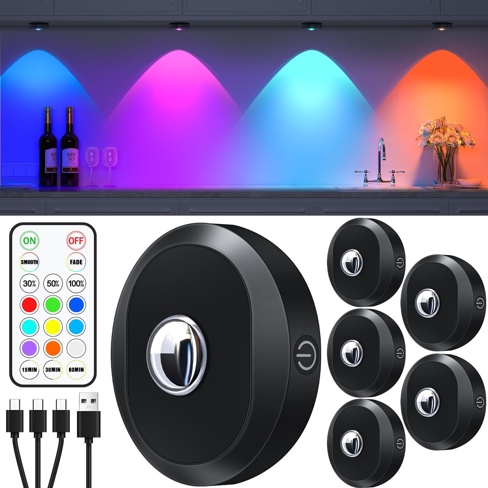 WILLED Rechargeable RGB Puck Lights with Remote Control - 6 Pack, 1200mAh Battery Operated Dimmable LED Tap Lights for Under Cabinet, Shelf, Closet & Stair Lighting - Wireless Push Lights with USB Charging for Home, Kitchen & Bedroom Decor