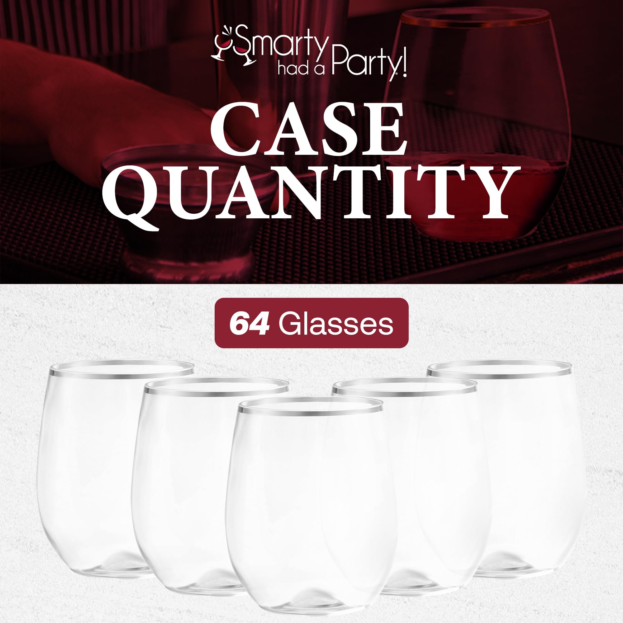64 Pack Clear Stemless Plastic Wine Glasses 12oz with Silver Rim - Unbreakable Disposable Drinkware for Weddings, Parties, Events - Perfect for Outdoor Gatherings, Picnics & BBQs