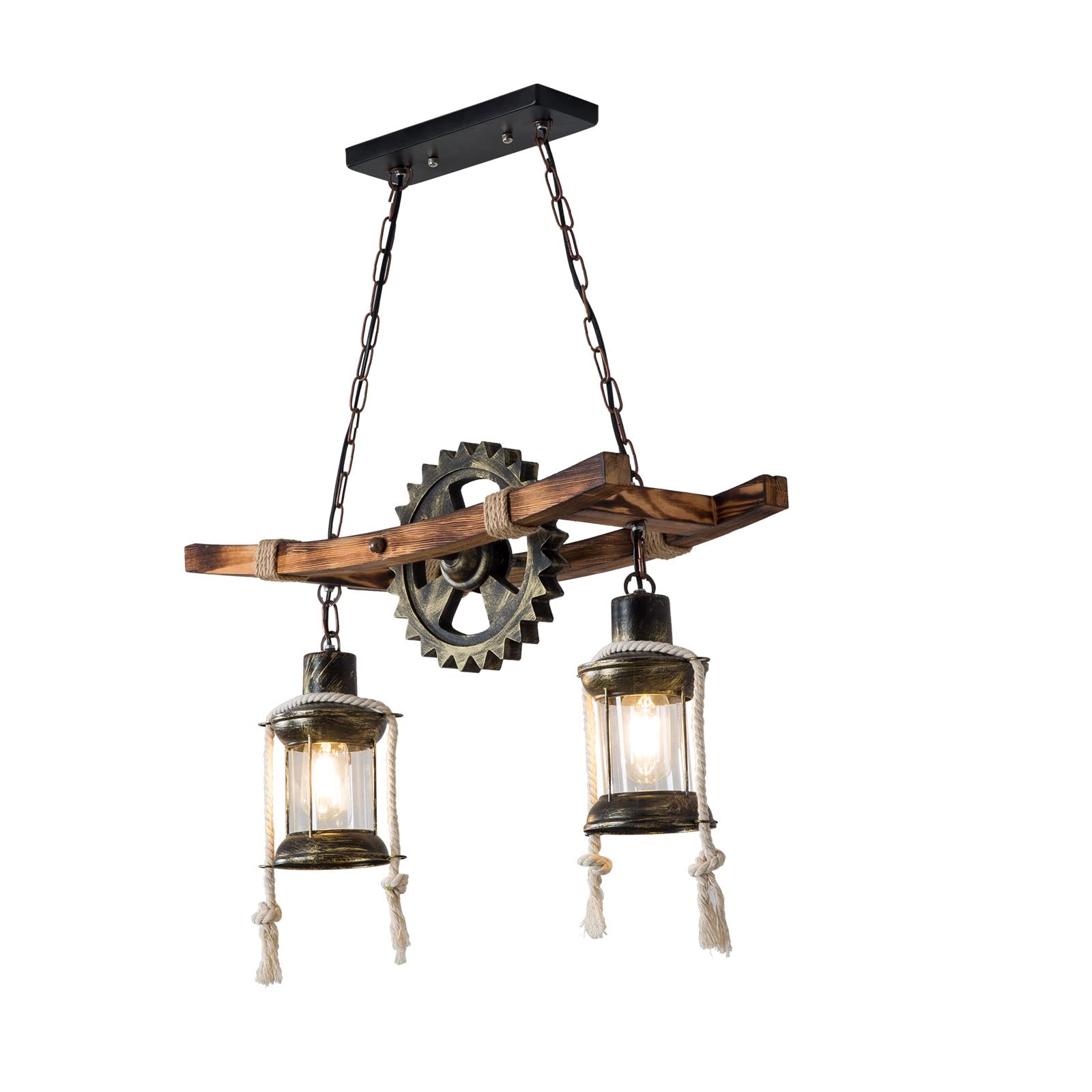 TFCFL Industrial Vintage Wooden Pendant Light - Retro 4-Light Lantern Chandelier Hanging Fixture for Living Room, Dining Room, Coffee Shop, Restaurant & Bar - Perfect for Farmhouse Decor, Rustic Dining Spaces & Commercial Lighting (Gear 2 Lights)