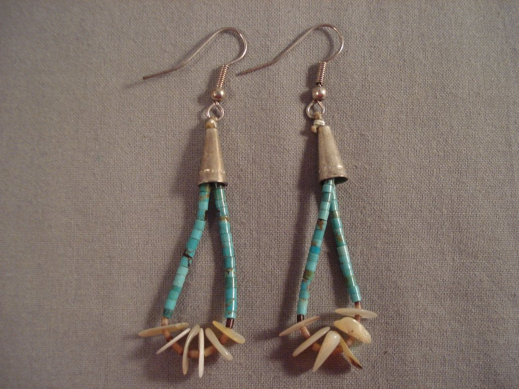 Vintage Santo Domingo Navajo Turquoise Heishi Native American Jewelry Sterling Silver Shell Earrings - Handmade Southwest Boho Style for Women, Perfect for Festivals & Boho Fashion