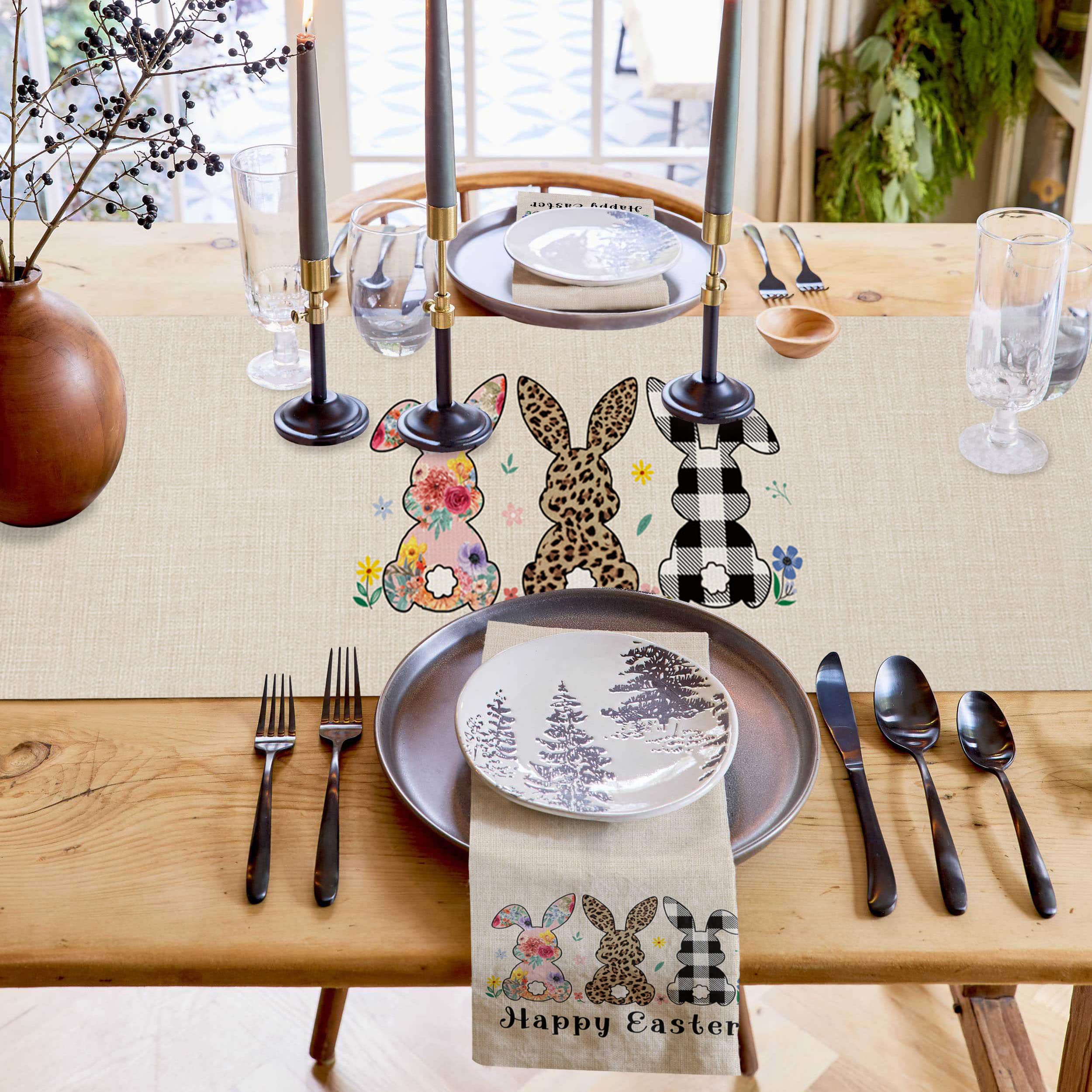 Easter Bunny Table Runner - Cute Rabbit Leopard Stripe Floral Decorative Runner for Easter Day, Spring Dinner Table Decor - 13x108 Inches - Perfect for Home Kitchen, Dining Room & Easter Party Supplies