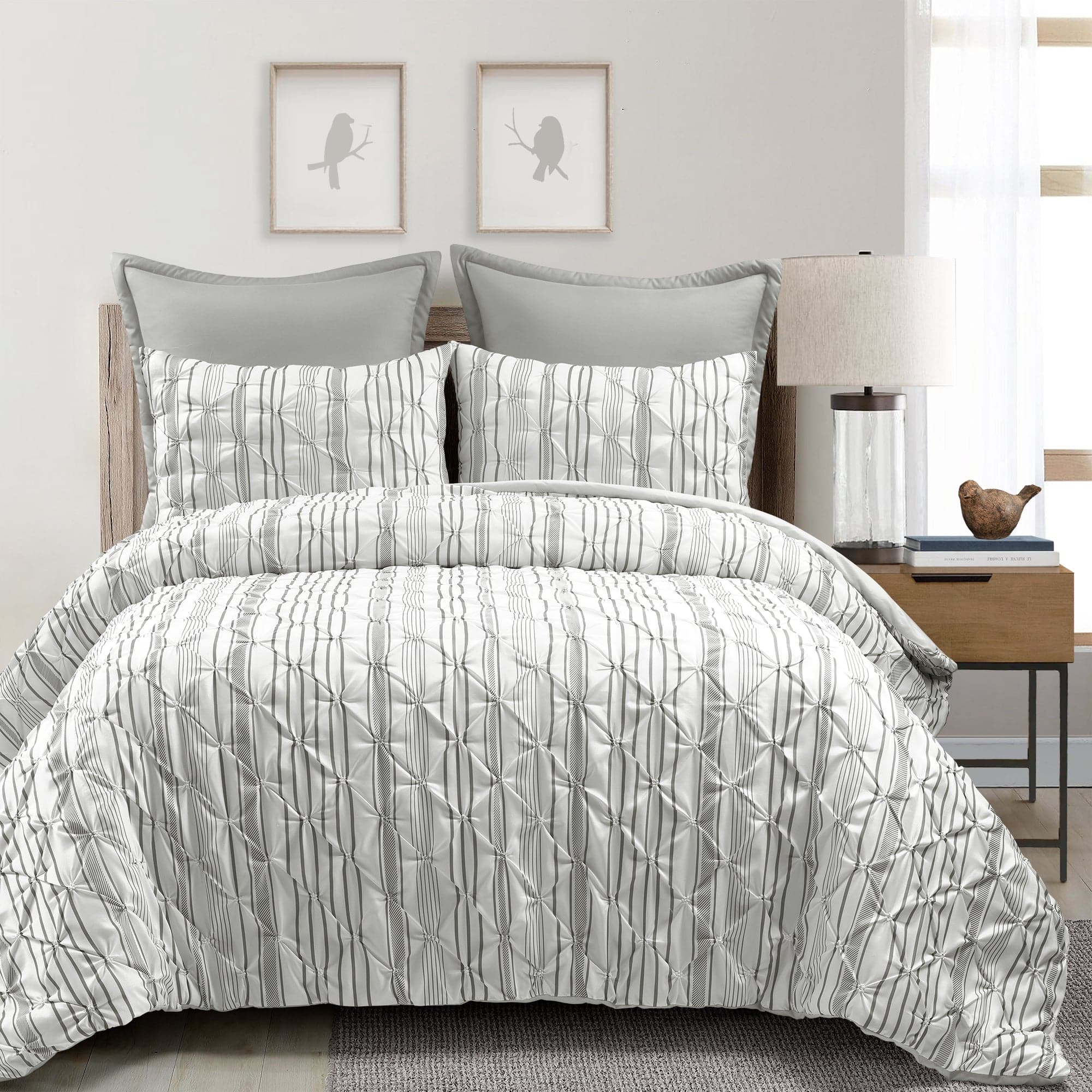 Ravello Pintuck Stripe 5-Piece Comforter Set - Queen Size Bedding Set with Pillow Shams - Luxury Soft Microfiber Comforter for Bedroom Decor & Guest Room