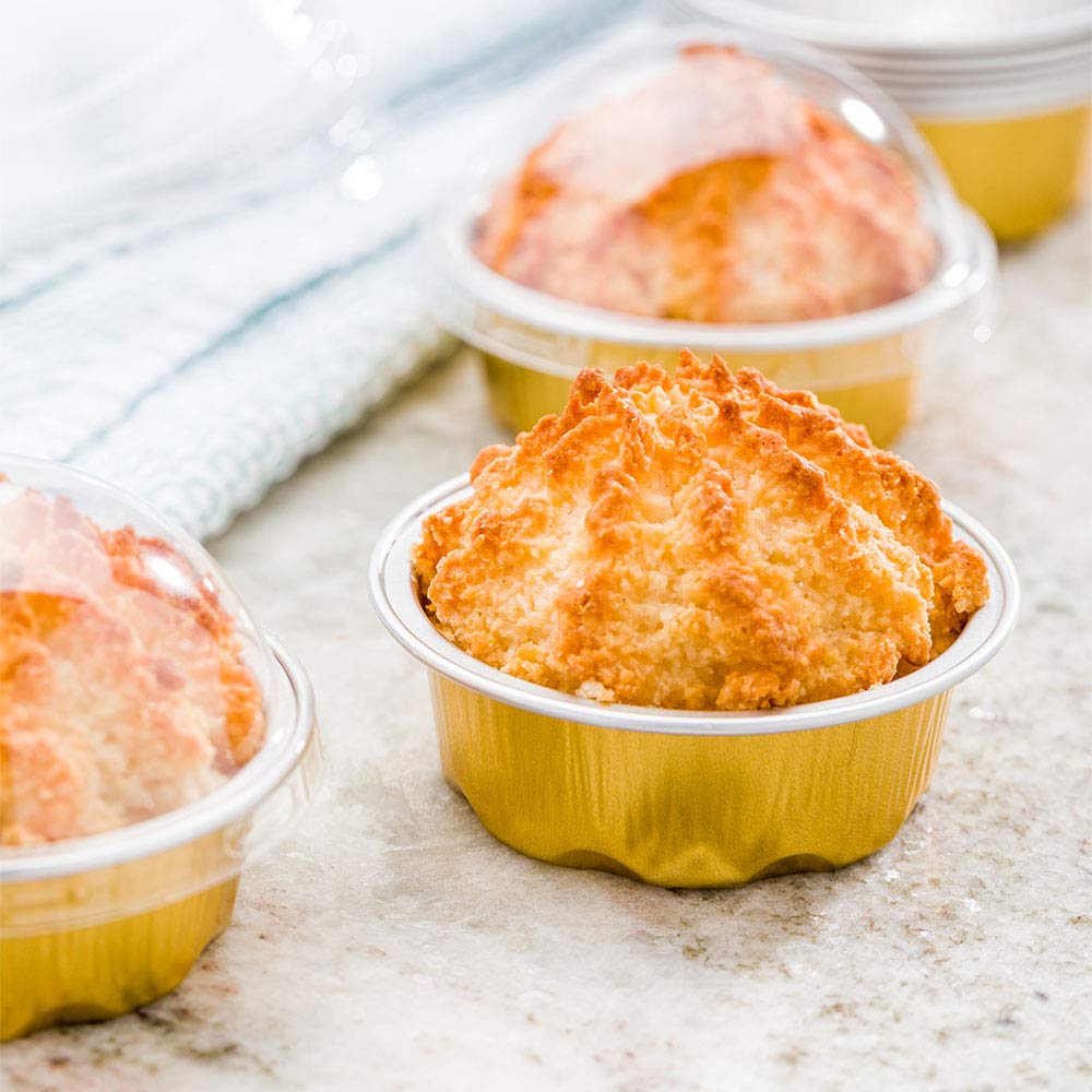1.7 oz Disposable Ramekins with Lids - 100 Pack Round Oven-Safe Gold Aluminum Baking Cups for Creme Brulee, Cupcakes & Muffins | Freezer & Microwave Safe | Perfect for Restaurants, Catering & Home Baking
