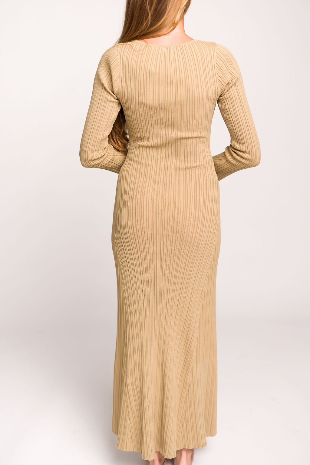 Keaton Knit Maxi Dress - V Neckline Beige Women's Long Dress | Perfect for Summer, Beach, Vacations & Casual Outings