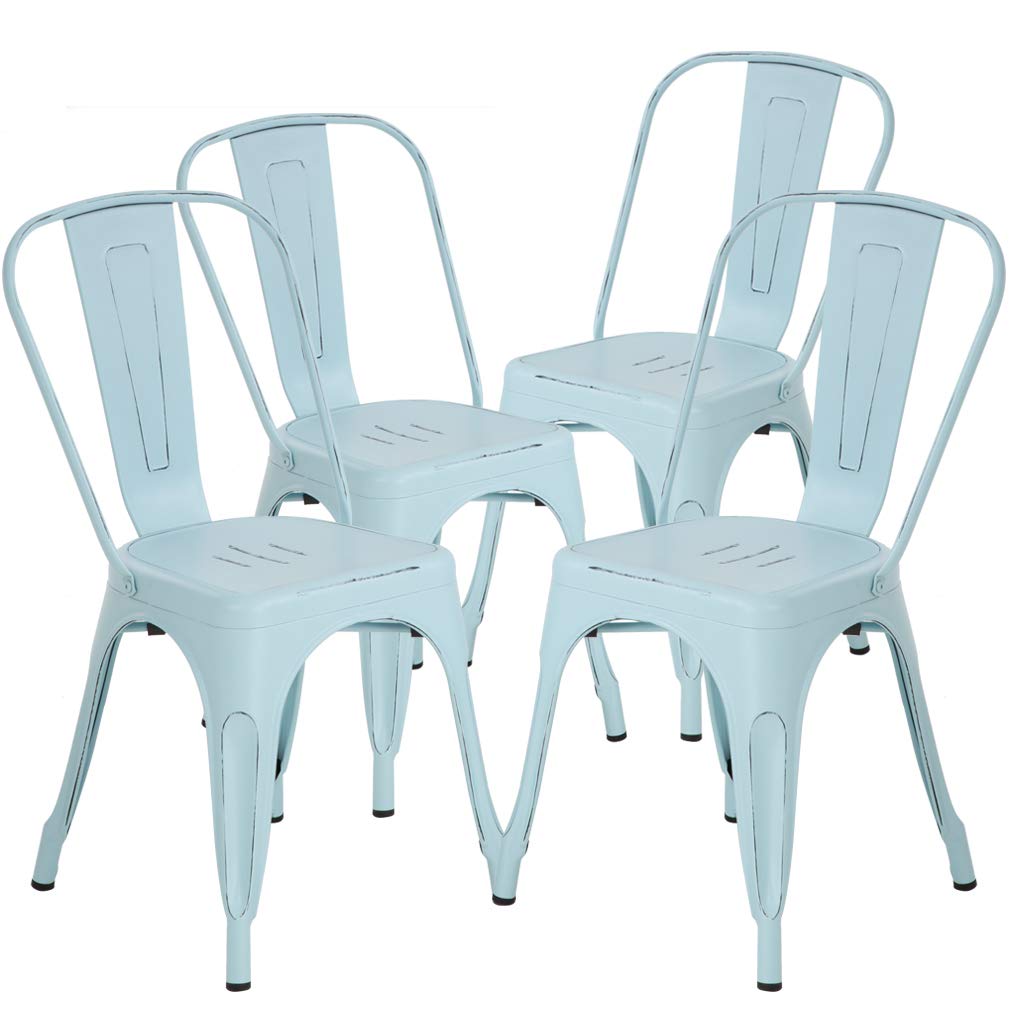 Metal Dining Chairs Set of 4 - Indoor Outdoor Stackable Bistro Chairs 330LBS Capacity - Rustic Industrial Cafe, Kitchen, Farmhouse, Pub & Restaurant Chairs in Blue - Perfect for Home, Patio, Coffee Shop & Dining Areas