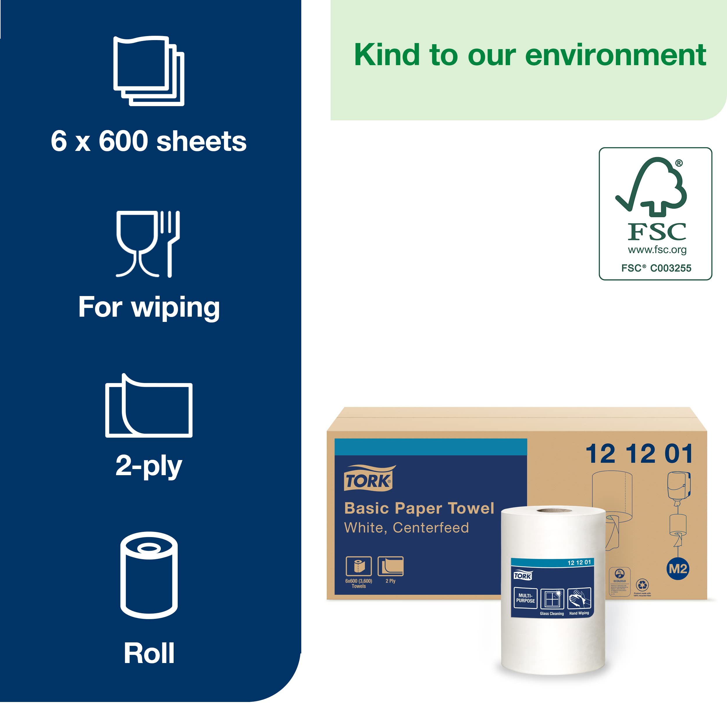 Tork Industrial Centrefeed Dispenser Black - M2 + Refill - White Centerfeed Paper Towels, 6 x 600 Sheets for Workshop, Garage & Commercial Use